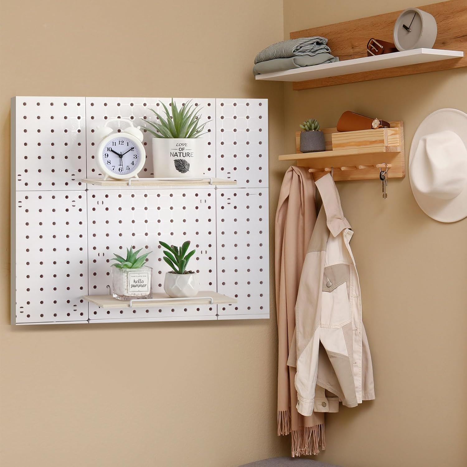 Wonderjune 4 Pcs Wooden Pegboard Shelves with Metal Pegboard Shelf Brackets Peg Board Display Storage Tray Wall Organizer Peg Board Accessories for Craft Room Home Kitchen(Brown,9.84 x 5 Inch)