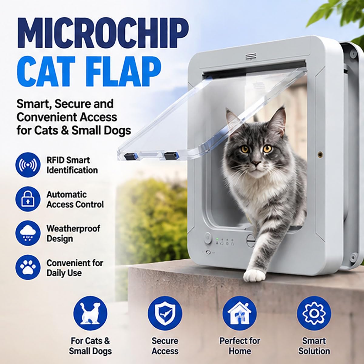 Gattaiola con microchip, porta intelligente per animali domestici | Identificazione RFID, design resistente alle intemperie, accesso automatico fluido, 2 chiavi per collare(white)