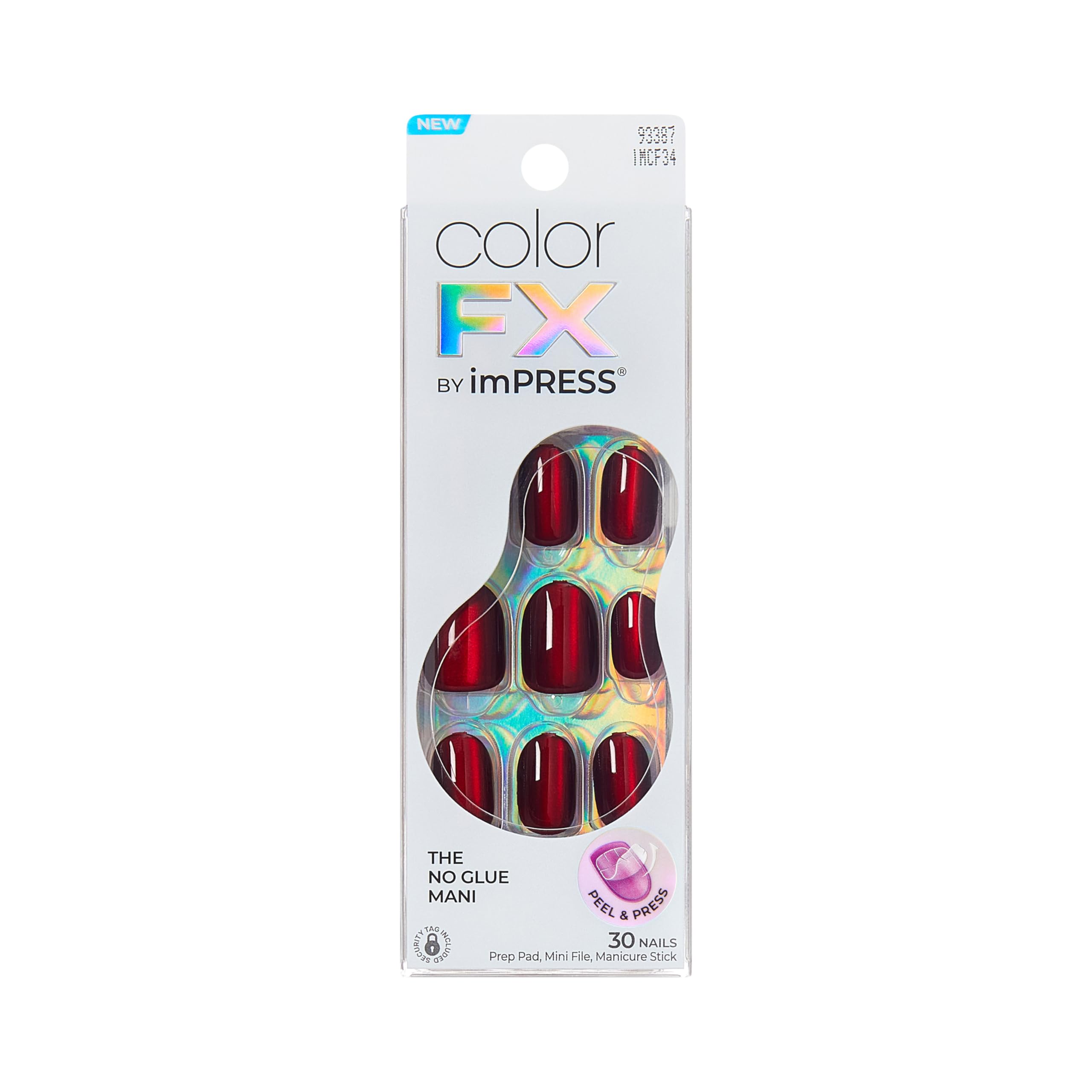 KISS imPRESS No Glue Mani Press On Nails, ColorFX, 'Hidden Gem', Red, Short Size, Oval Shape, Includes 30 Nails, Prep Pad, Instructions Sheet, 1 Manicure Stick, 1 Mini File