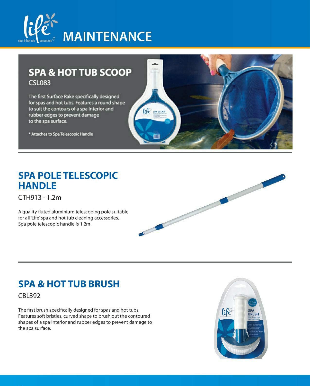Life Épuisette de Fond + Brosse + Manche télescopique pour piscines et spas, hydromassage, rigides ou gonflables (Teuco, Jacuzzi, Intex, Bestway, etc)