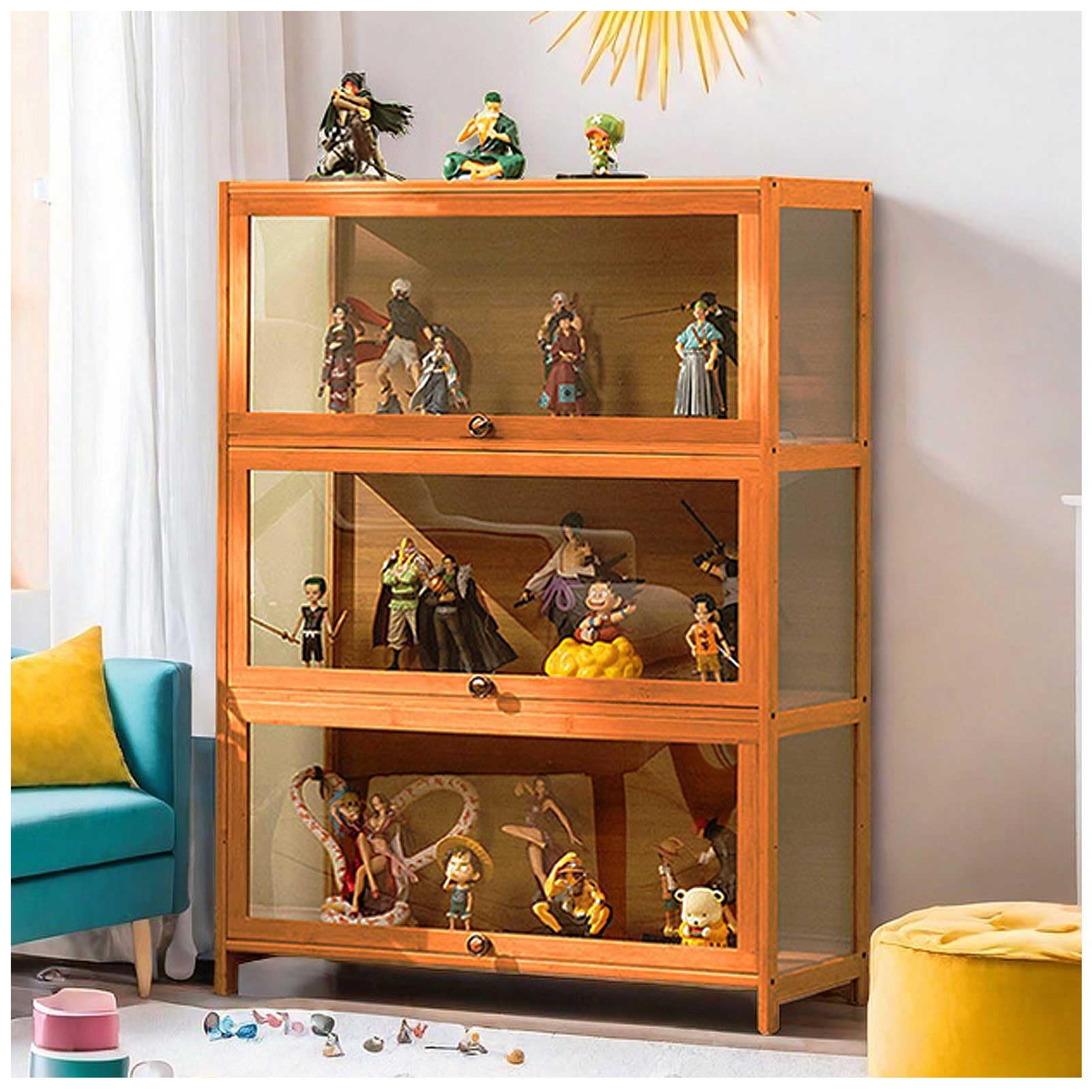3-Tier Curio Display Cabinet, Storage Shelves with Acrylic Flip Door, Collectibles Toy Organizers Rack & Display Shelf, Bookshelf and Bookcase for