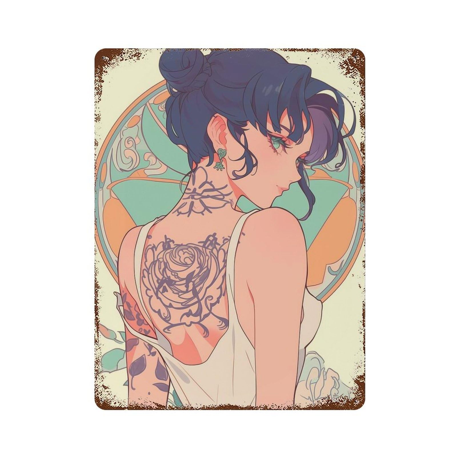Retro Tattoo Anime WAIFU Decorative Tin Sign 15.7"x11.8", Vintage Wall Decor for Basement, Hobby Room And Garage Decor