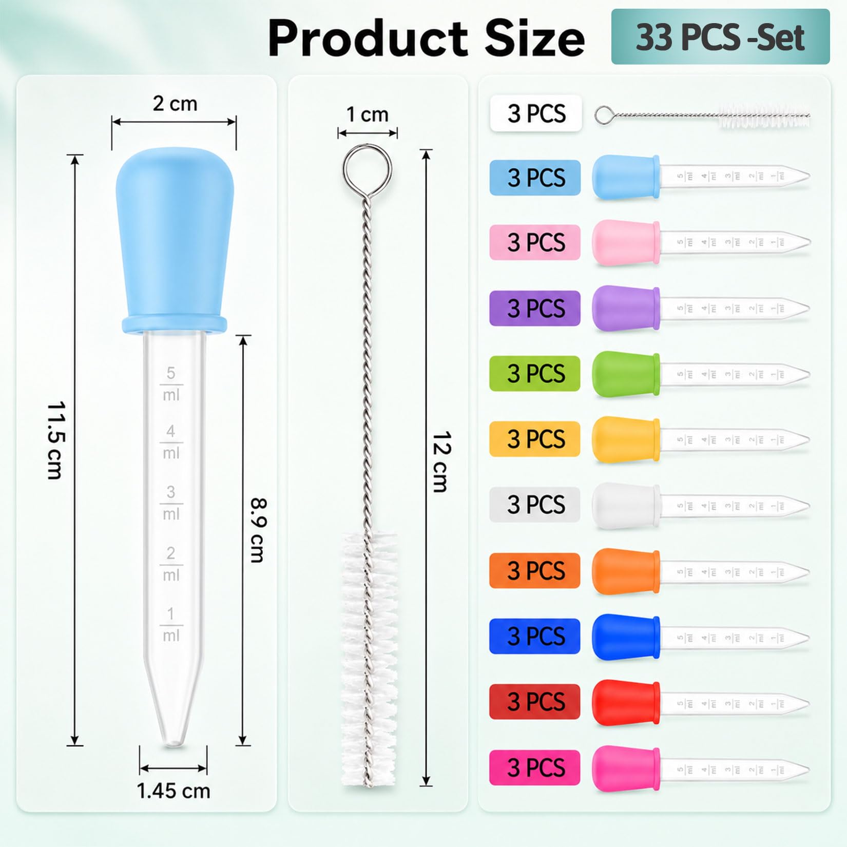 33er-Set Liquid Dropper, Plastik Pipetten Set mit 30 Pipette 5ml und 3 Reinigungsbürste Bunte Graduierte Silikon Pipetten Klein Tropfpipette Transparente für Gemälde Pflanze Süßigkeitenformen