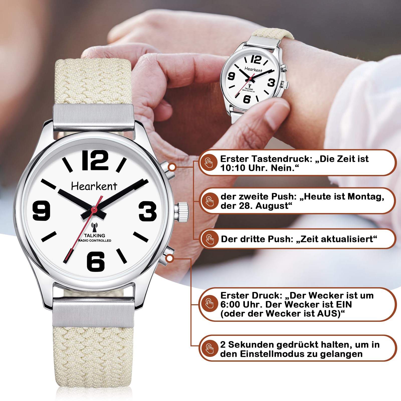Hearkent Orologio da donna in lingua tedesca con numeri grandi, regolazione automatica per ipovedenti, ciechi o anziani