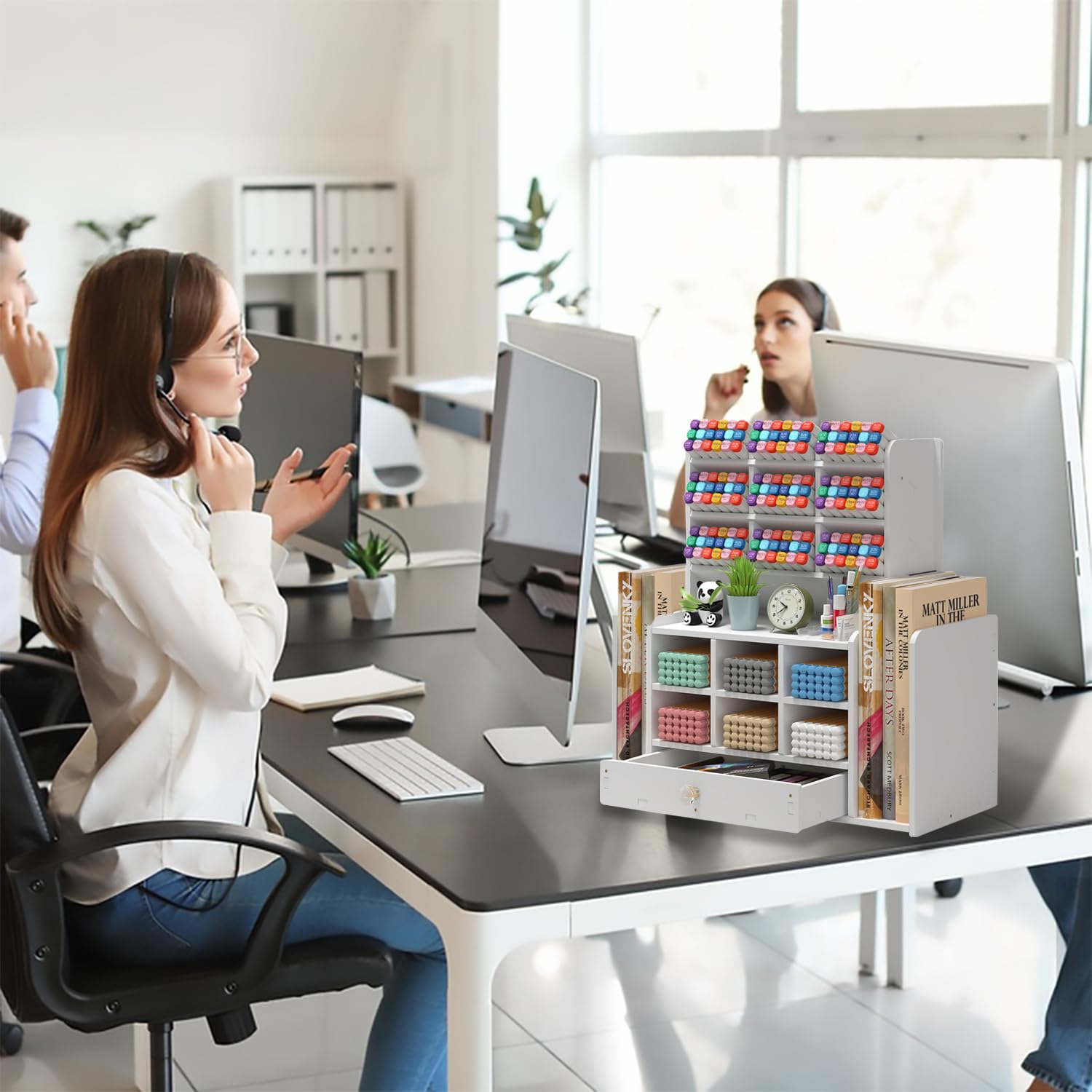 Organizador de escritorio, organizador de escritorio, 15 compartimentos de clasificación, organizador de bolígrafos para escritorio, organizador con 2 soportes para archivos, organizador