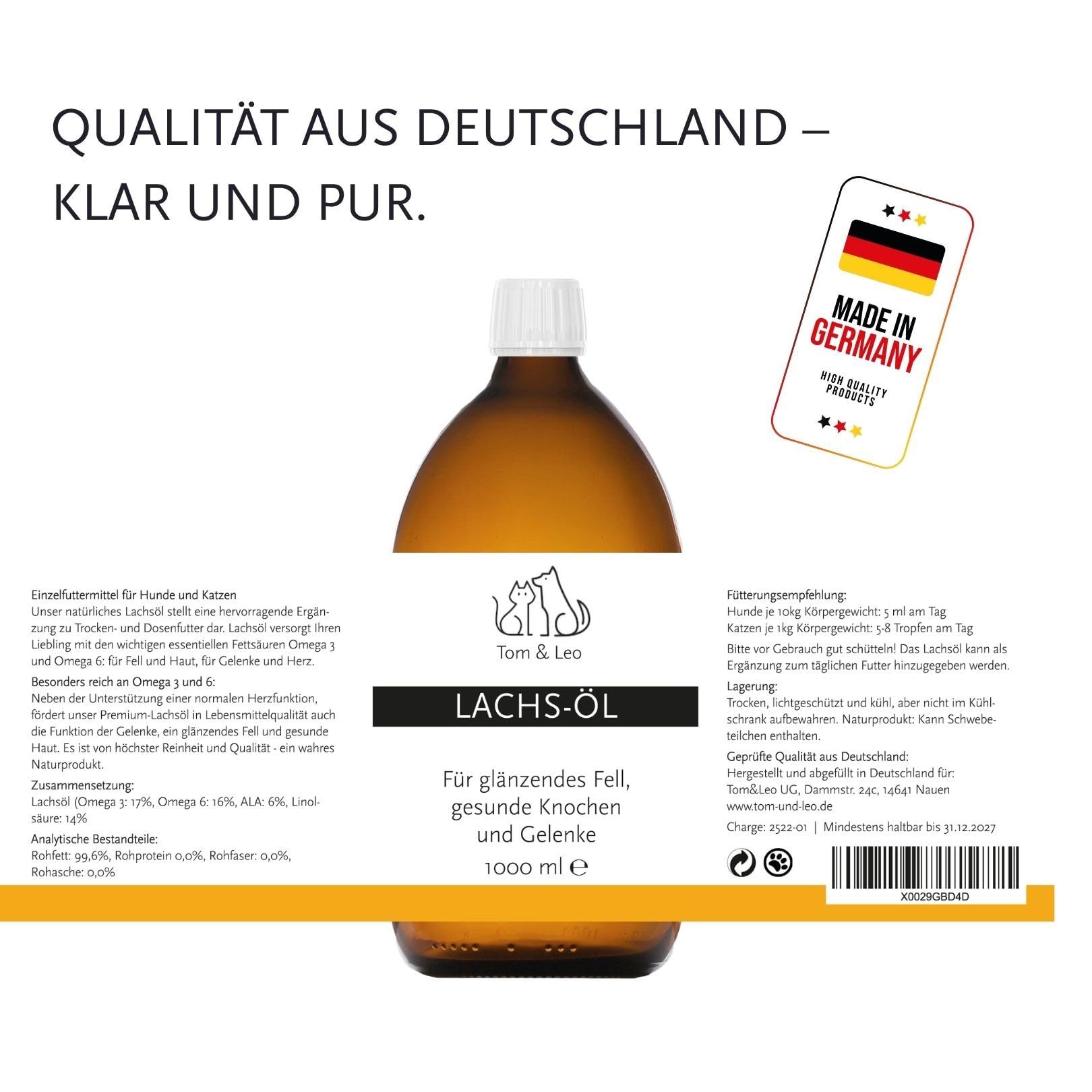 Aceite de salmón 1000 ml para perros y gatos – de Tom & Leo – Aceite de salmón salvaje con Omega 3-6-9, ideal para Barf, Piel y Pelaje, Aceite de pescado Premium para perros