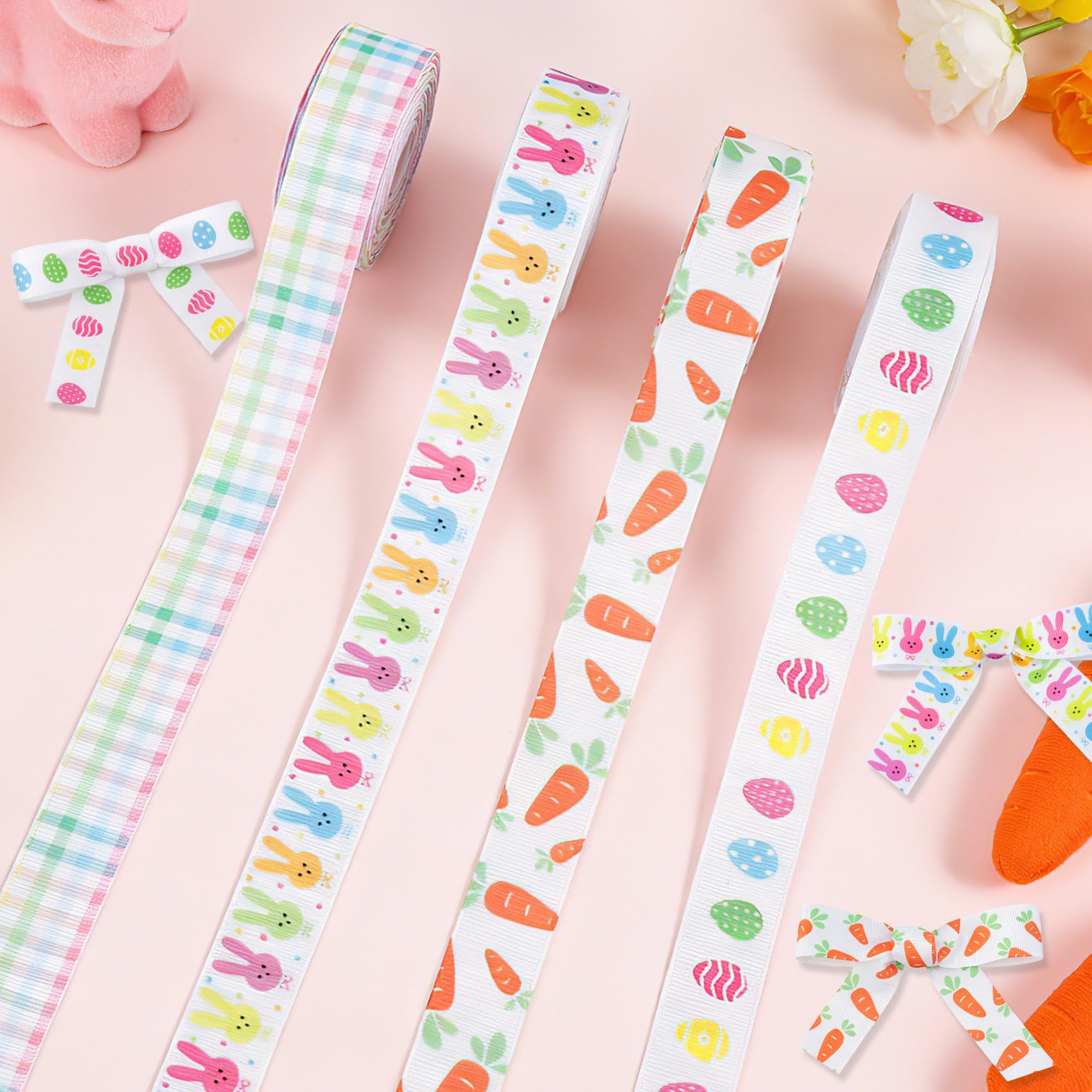 4 Rolls Easter Ribbon for Wrapping Printed Eggs Bunny Rabbit Carrot Checkered Grosgrain Gingham Spring Ribbons 7/8 Inch 20 Yds Blue Pastel for Crafting Home Decor Gift Basket Easter Crafts Bouquet - Image 4