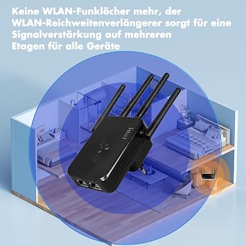 WLAN Verstärker RepeaterWLAN-ExtenderWiFi Verstärker/WiFi Booster mit Repeater/Router/Access-Point-Modus1-Tasten-EinrichtungLAN/WAN-PortKompatibel mit Allen Geräten(Schwarz)