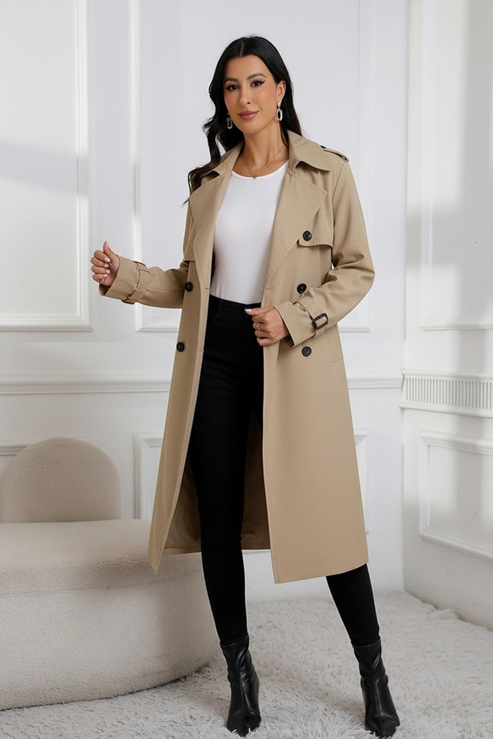 RISISSIDA Women Double-Breasted Trench Coat,Water Resistant,Casual and Business Overcoat,Knee-Length,Loose Fit,Removable Belt - Image 6