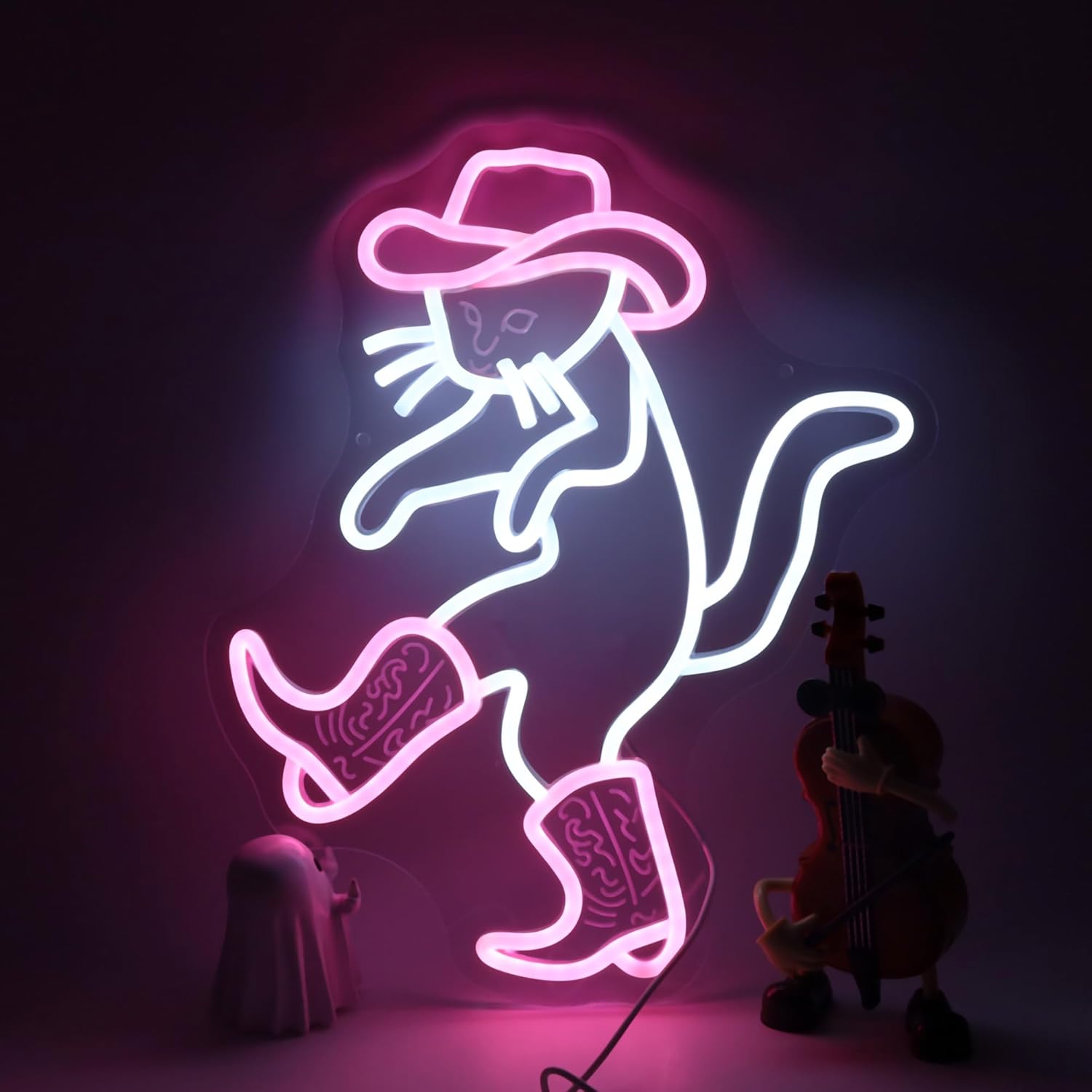 Cowboy Cat Cute Neon Light Sign,Pink Cowboy Hat Animal Neon Sign for Western Rodeo Decor,Novelty Hand Gesture Led Light Up Sign for Home Decoration Bedroom Decor