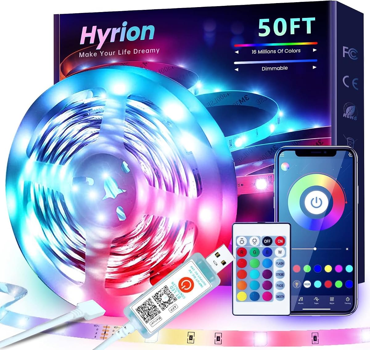 Tira de luces LED RGB alimentadas por USB de 50 pies, sincronización de música y luces que cambian de color reactivas al sonido para dormitorio, retroiluminación de TV, configuración de juegos, Bluetooth, control remoto por infrarrojos y control de aplicaciones inteligentes | Disfrute de la sincronización de música, la iluminación que cambia de color, el control remoto por infrarrojos, perfecto para la retroiluminación del televisor, la configuración de juegos y la decoración de interiores.