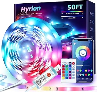 hyrion 50ft USB-Powered RGB LED Strip Lights, Music Sync & Sound-Reactive Color Changing Lights for Bedroom, TV Backlight, Gaming Setup, Bluetooth, IR Remote & Smart App Control