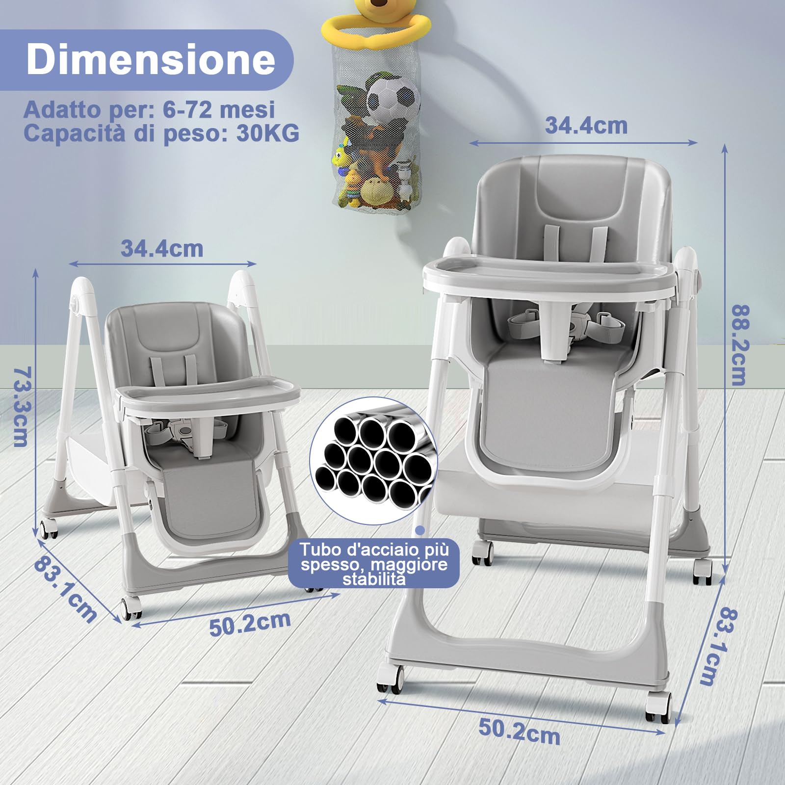 Seggiolone Pappa Portatile, Seggiolone Evolutivo con Vassoio Doppio Rimovibile, 4 Posizioni di Reclinazione e 5 Posizioni di Altezza Seggiolone per Bambini da 6-36 mesi