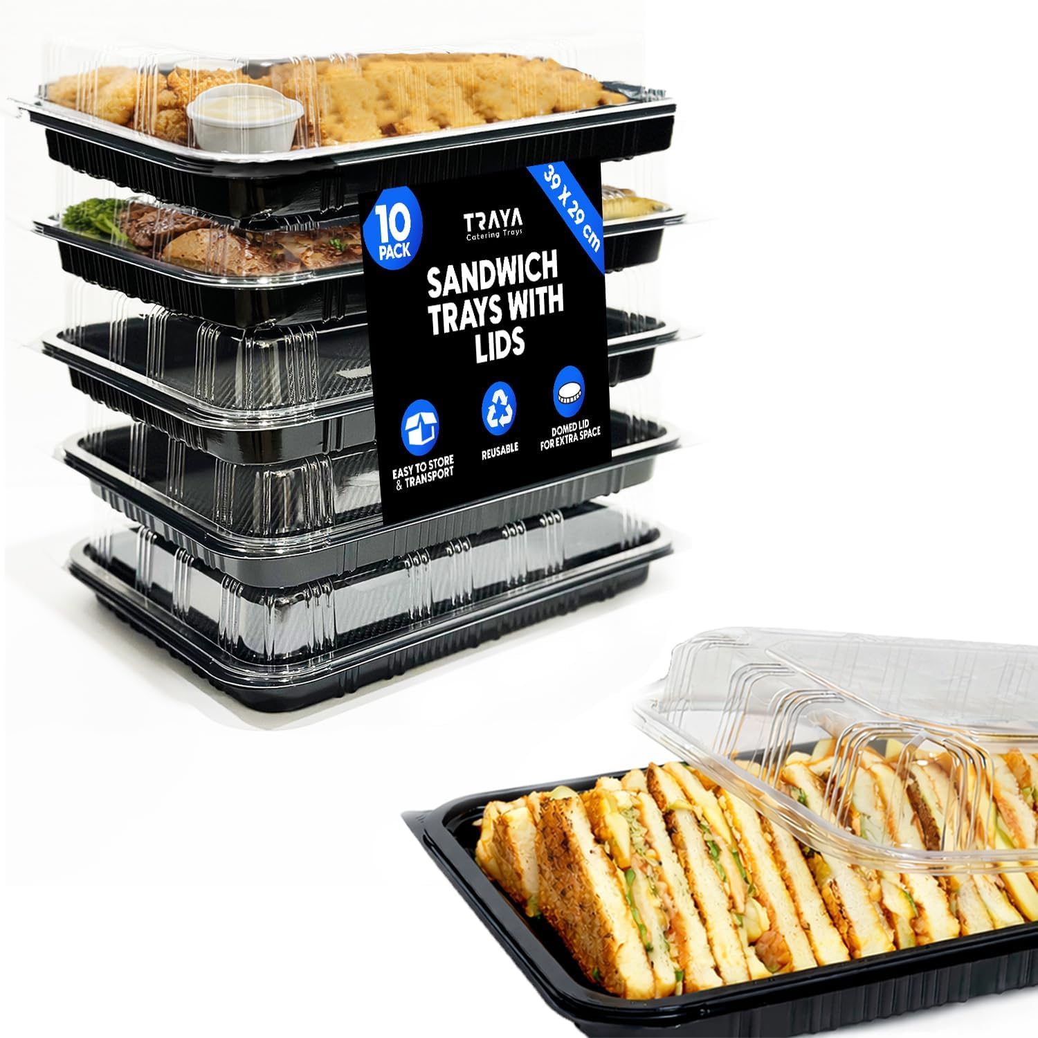 TRAYA Pack of 6 Serving Tray with lid - Reusable Catering Trays with Lids 13'' Long for Meal Prep, Cakes, Treats and Sandwiches (13.39 × 9.84 × 2.95 inch)