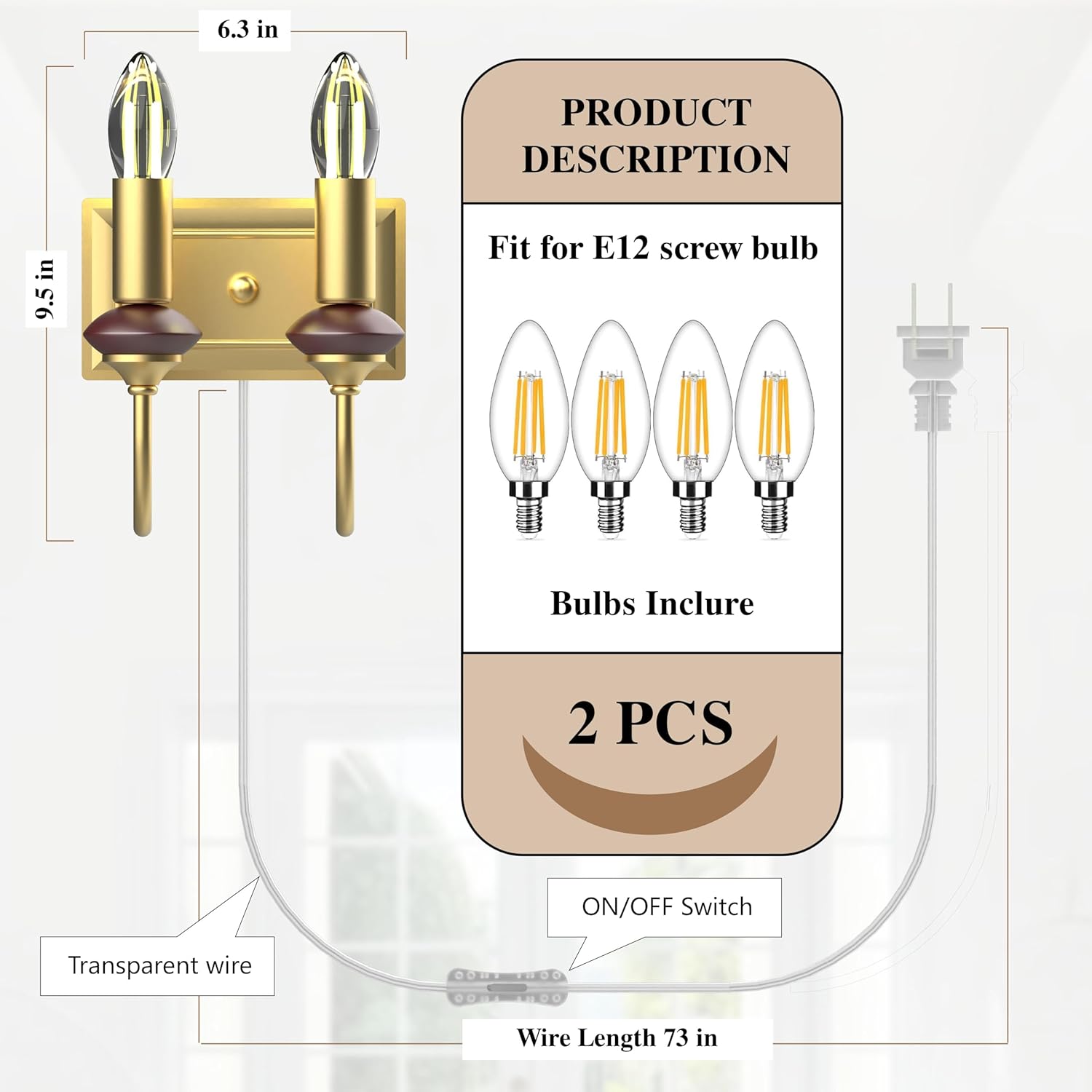 plug in wall sconces set of two, gold vintage wall lamps with plug in cord, farmhouse wall light fixture with on/off switch cord, indoor wall lamp for bedroom living room ?gold?