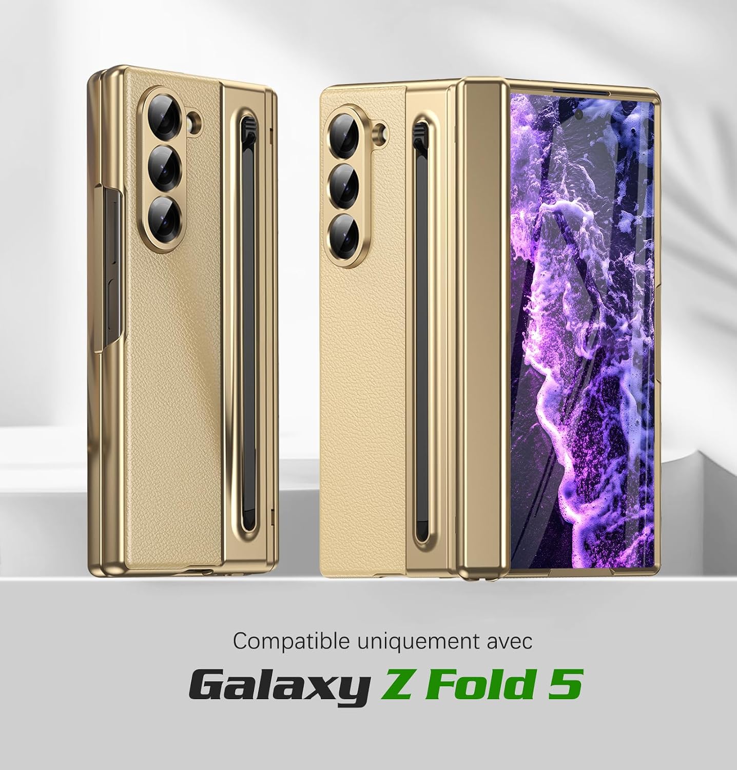 for Samsung Galaxy Z Fold 5 Case with [S Pen] [with Screen Protector & Hinge Protective] Leather Back Case, Protective Phone Case for Samsung Galaxy Z Fold 5 5G Phone Case with S Pen Gold