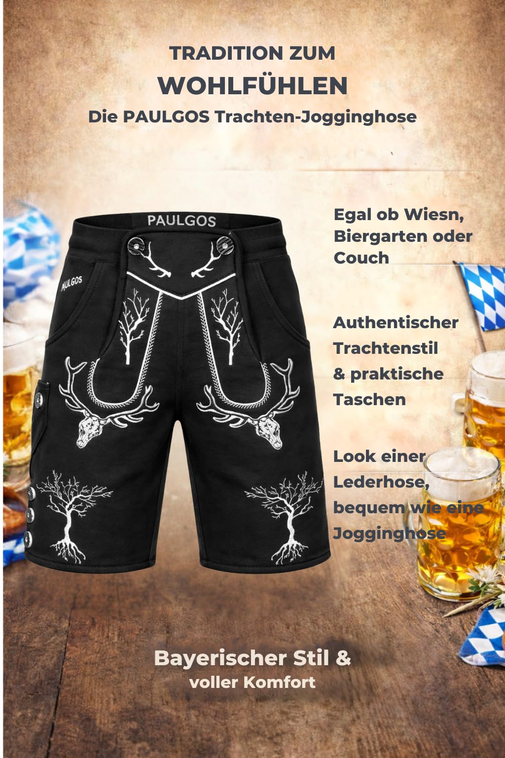 PAULGOS Herren Trachten Jogginghose JOK6, Optik Trachten Lederhose, Gr.S-5XL