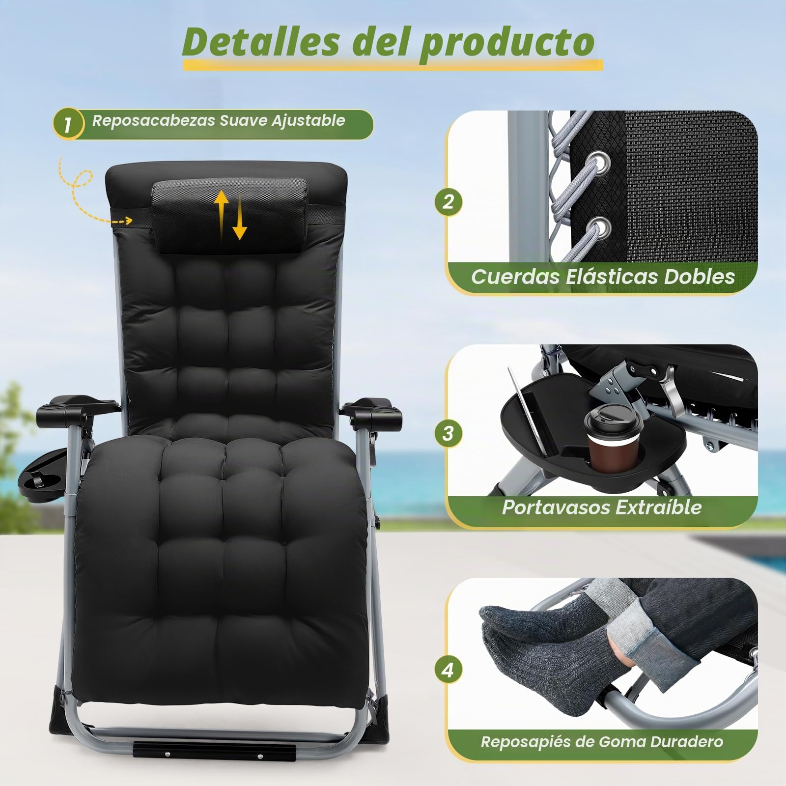 Tumbona Plegable para Jardín, Hamaca de Sol con colchón Grueso Desmontable y portavasos Integrado, Respaldo Regulable Entre 90°y170°, Carga máxima 200kg para terraza, Camping, Piscina y Playa