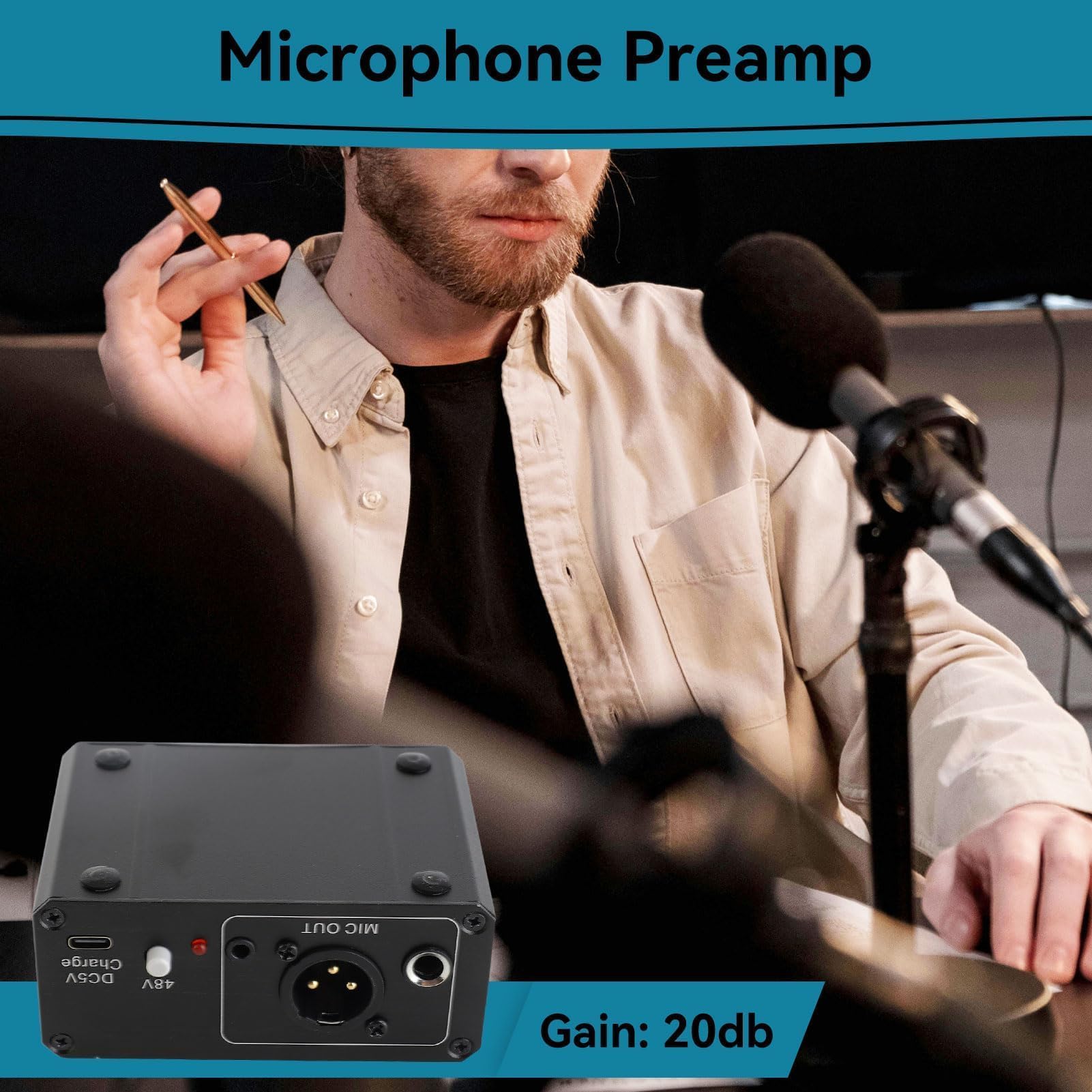 Preamplificador De Micrófono, Preamplificador De Micrófono De Salida Phantom Power XLR De 48 V para Cualquier Equipo De Grabación De Música con Micrófono De Condensador, Negro