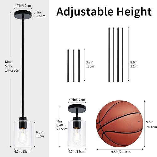 Miniatura 4 de MAYNA Paquete de 1 lámpara colgante moderna, lámpara colgante de granja negra con pantalla de vidrio transparente, lámparas colgantes de altura