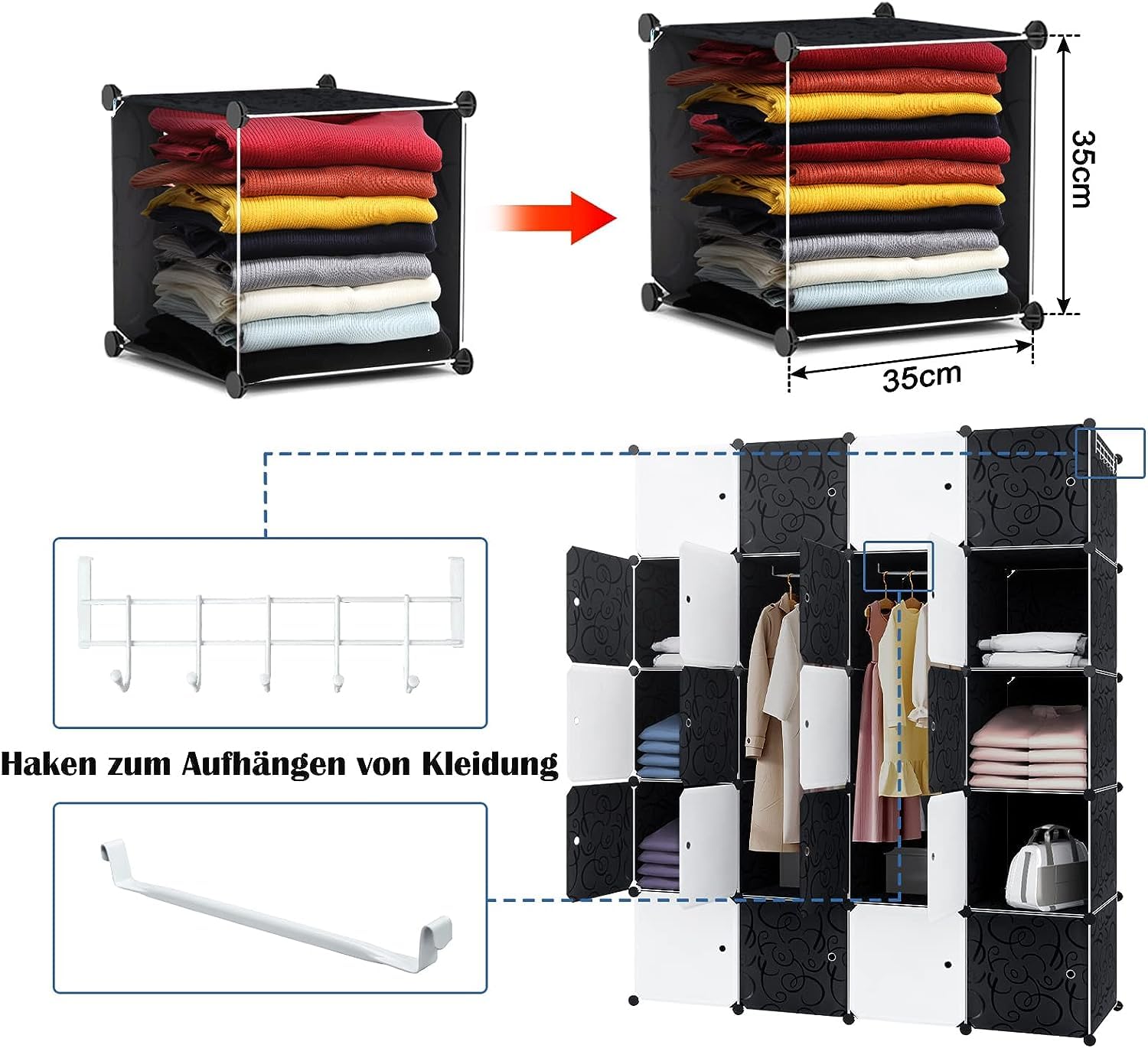 HENGMEI DIY Kleiderschrank 20 Boxen Garderobenschrank Schwarz