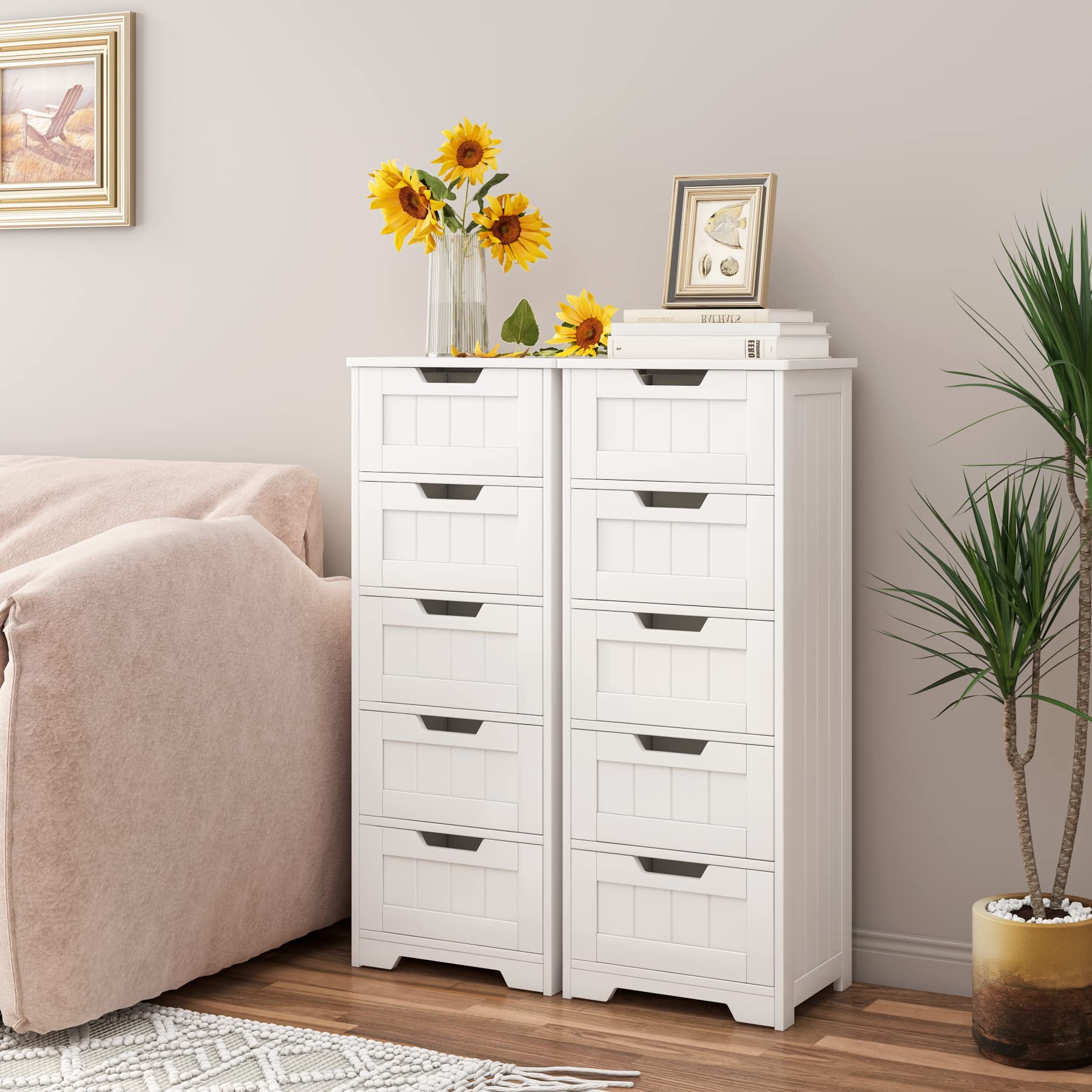 FOREHILL Mobile Bagno con 5 Cassetti,Cassettiera bagno in Legno,Armadietto Autoportante per Soggiorno, Cucina, Corridoio, Bagno 40x30x102cm Bianco