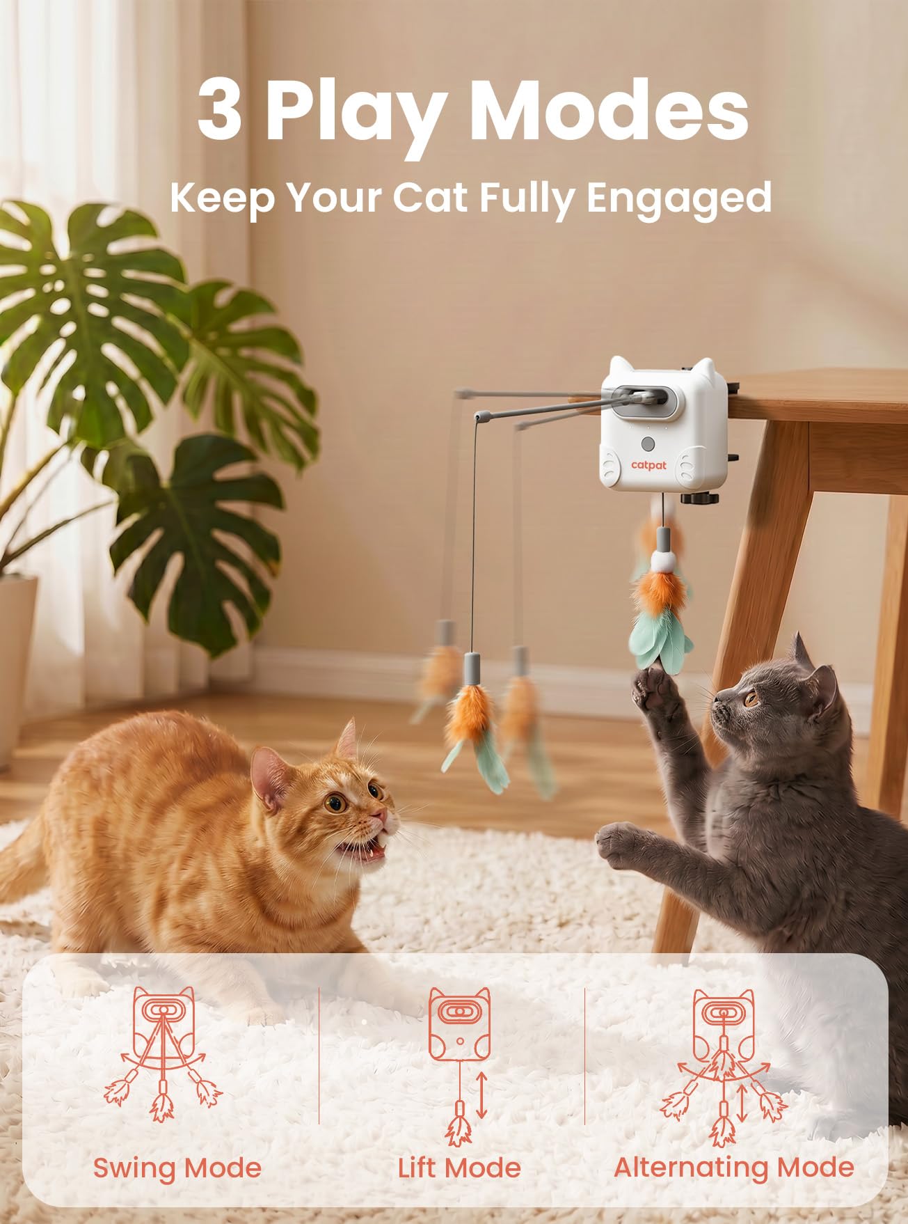 Interaktives Katzenspielzeug für Indoor-Katzen, Automatisches Feder-Katzenspielzeug mit 3 Spielmodi, Clip-On Cat Teaser Zauberstab mit einziehbarer Feder Katzenminze-Glocke