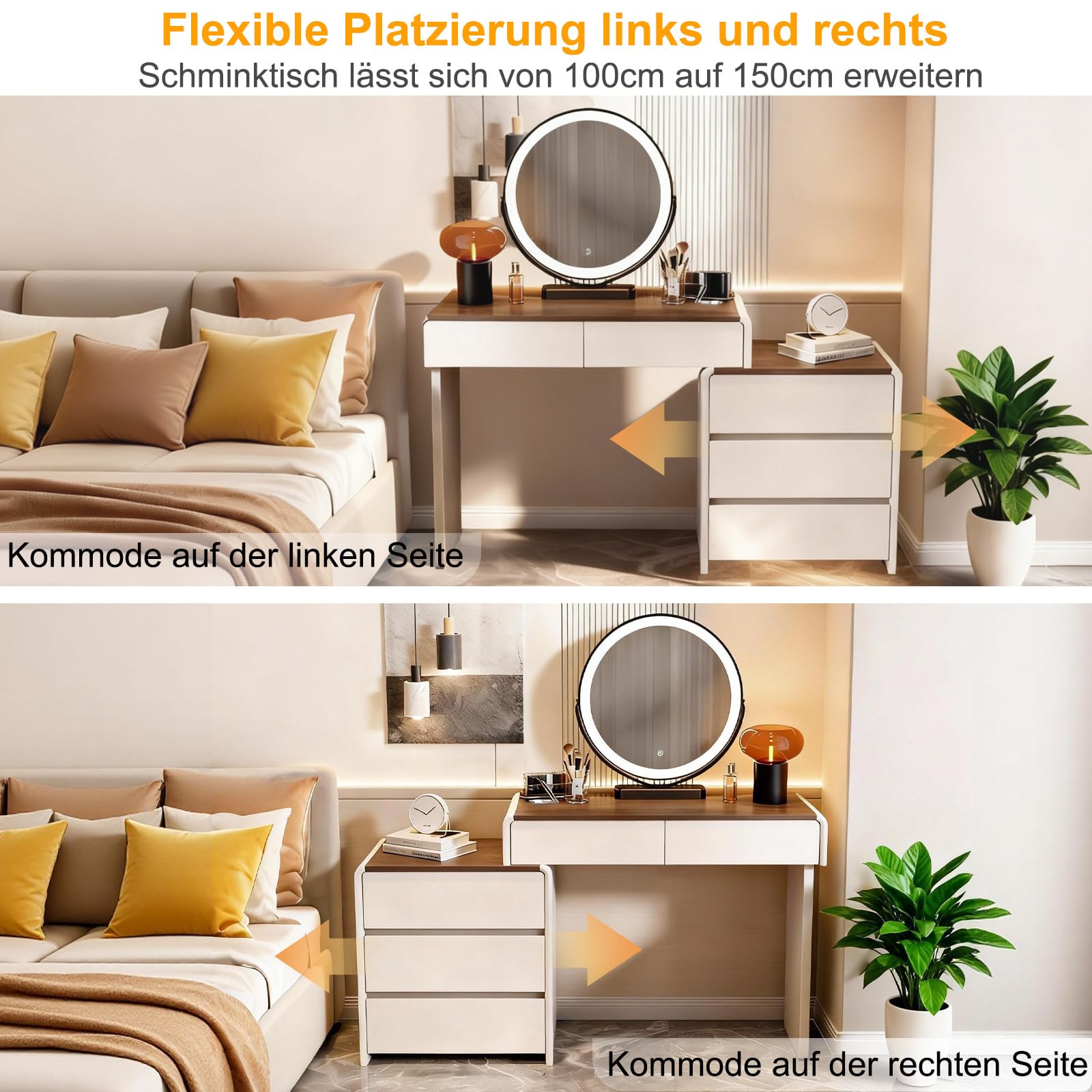 Schminktisch mit Holzmaserung, L-förmiger Frisiertisch mit Spiegel, Moderner Ecke Kosmetiktisch mit 5 Schubladen und Schrank, Einfach zu Montieren für Mädchen Schlafzimmer, 100cm