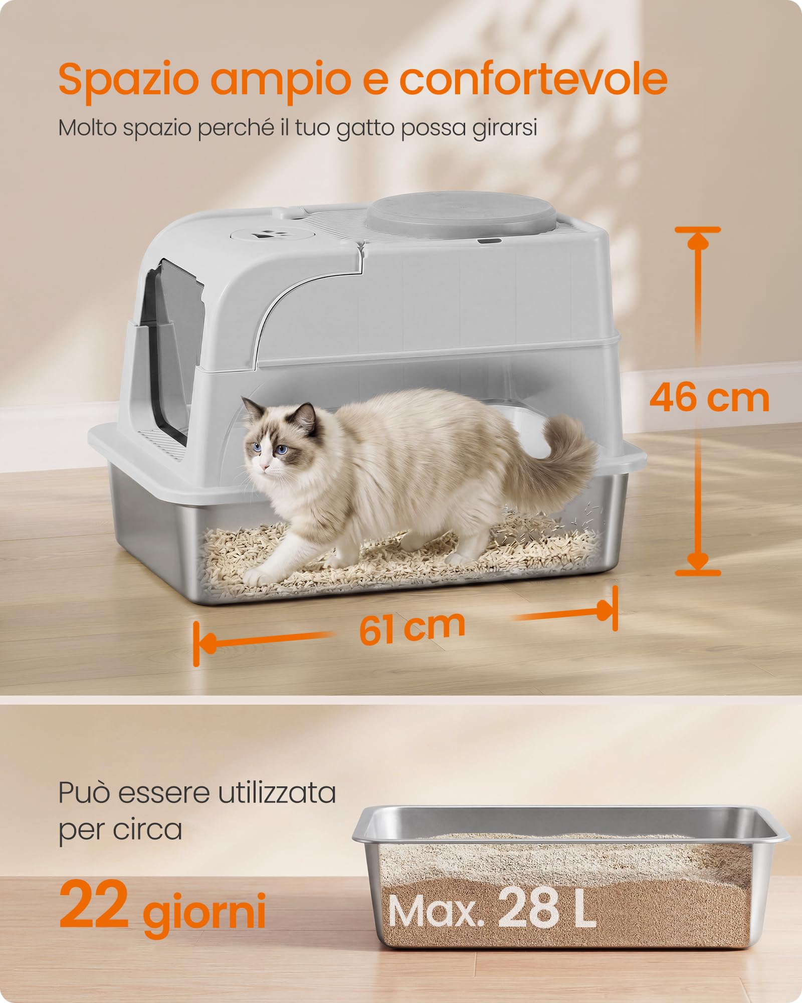 Feandrea Lettiera per Gatti in Acciaio Inox con Coperchio, Lettiera Chiusa, 2 Ingressi, Paletta e Spazzola, Toilette per Gatti fino a 15 kg, Grigio Chiaro PPT021G101