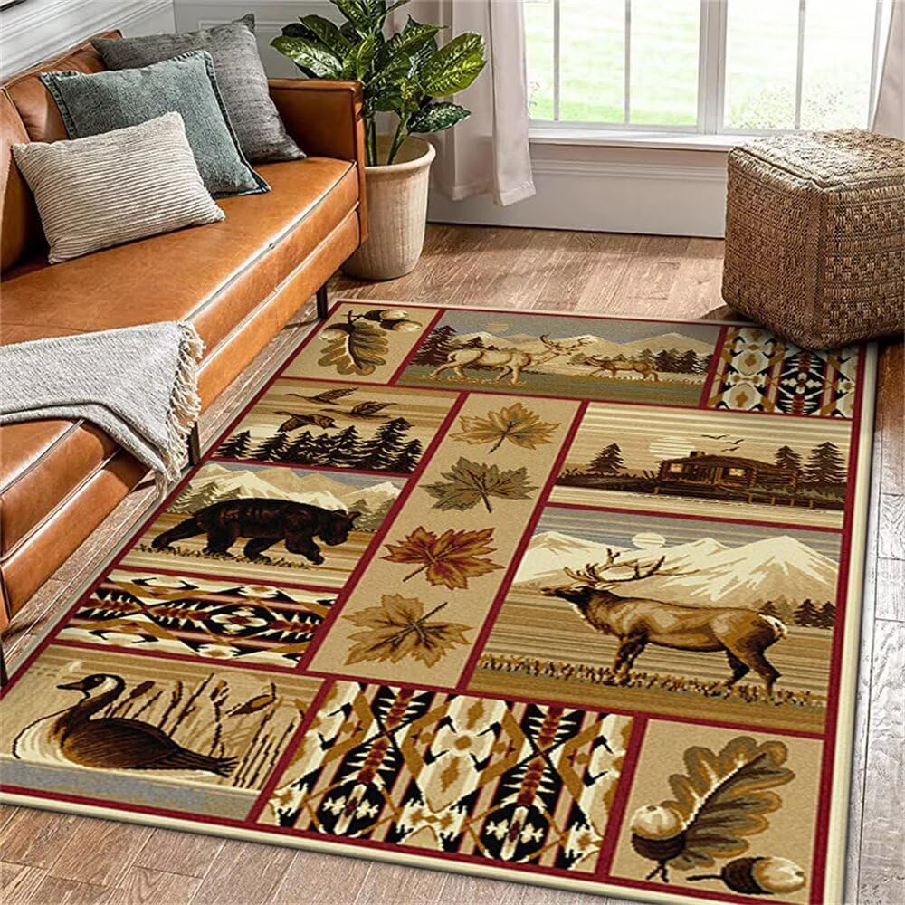Tapis enfant marron anti-tache doux 50x80 motif forêt rouge salon