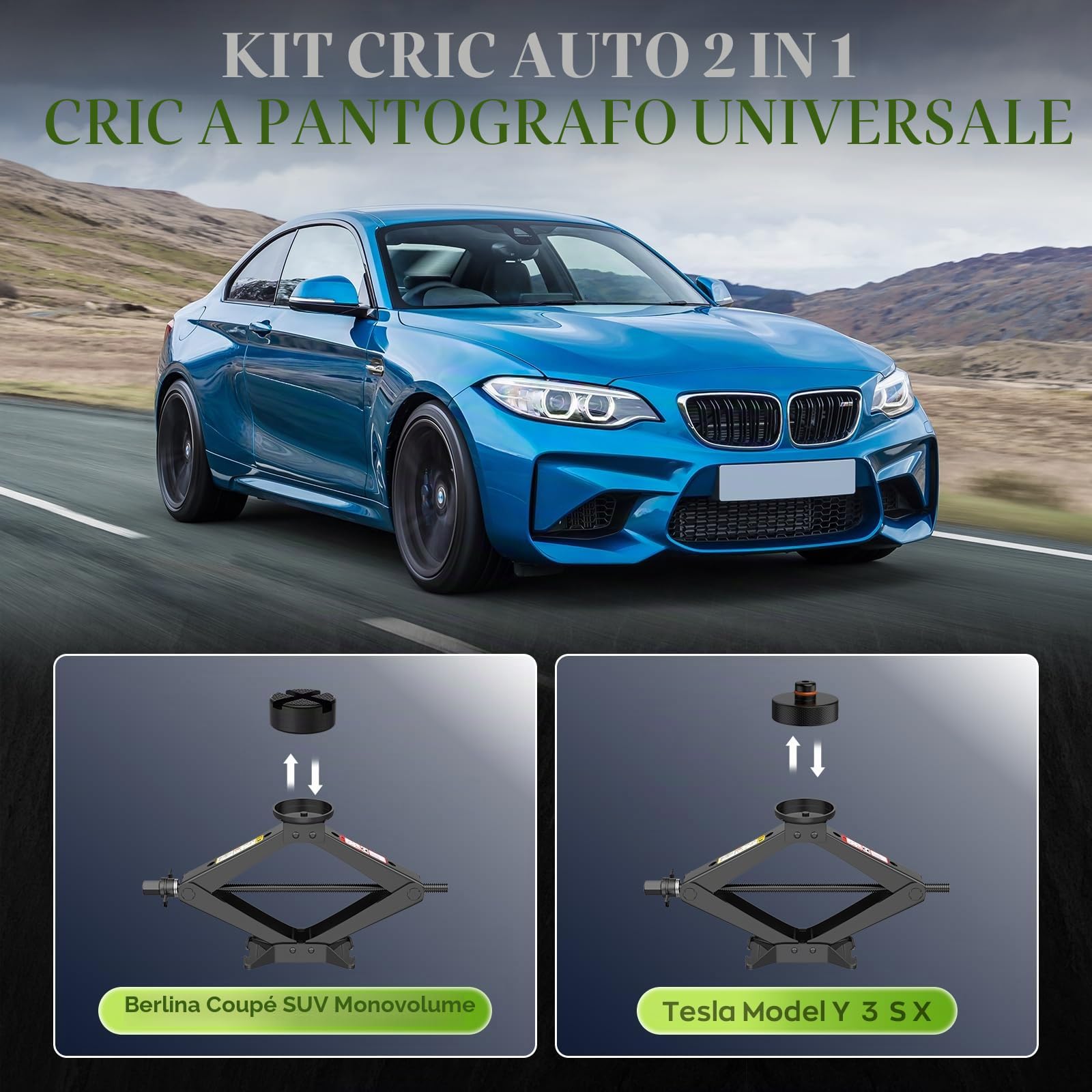 IMAYCC Cric Per Auto 2.5T/2500kg, Cric Auto Con Universale Tampone In Gomma, Cric Portatile Per Auto Con Chiave Per Dadi Ruota, Kit Emergenza Auto Per SUV MPV Tesla,Manutenzione e La Riparazione