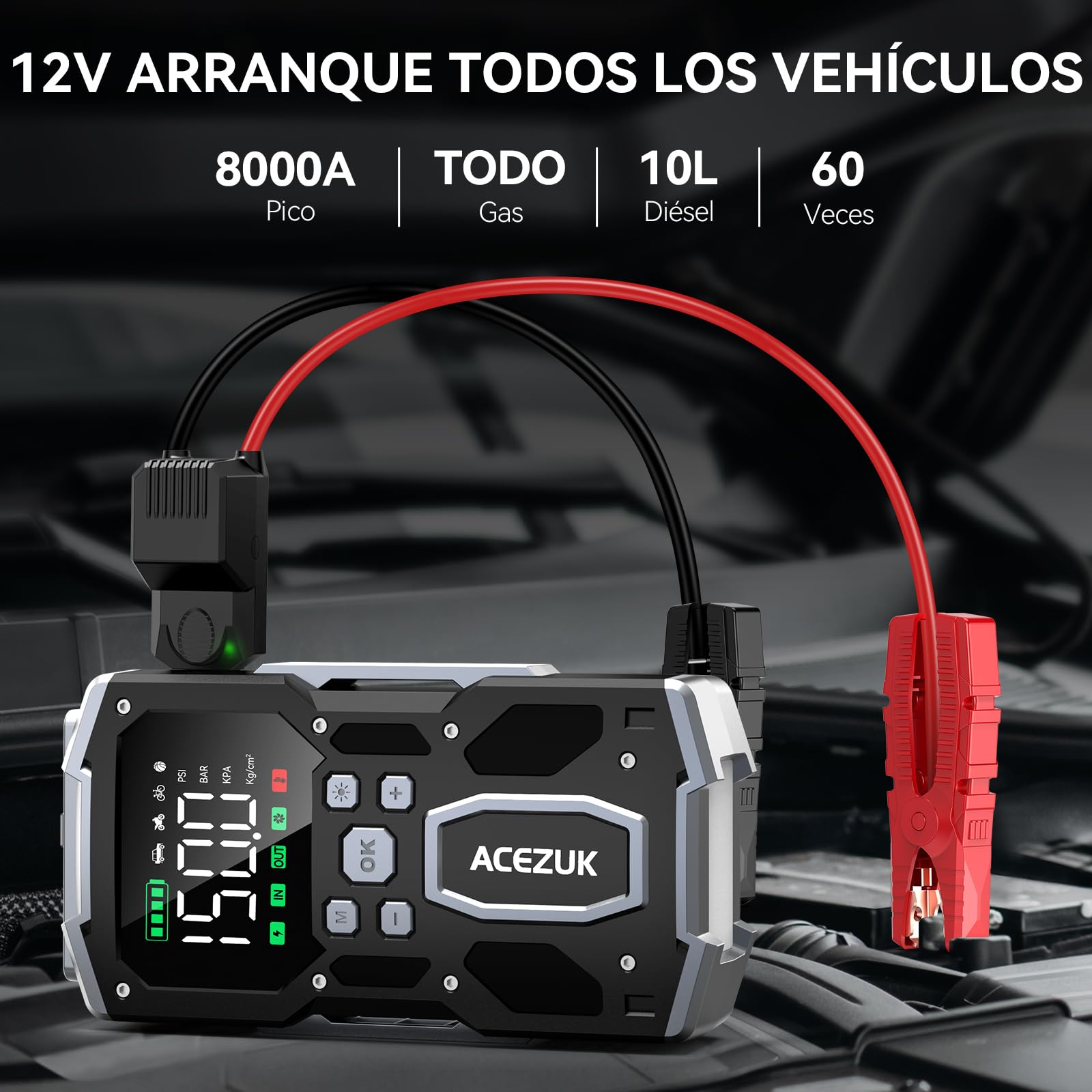 ACEZUK Arrancador de Batería de Coche 8000A, Compresor de Aire 150PSI, Arrancador de Coches para Vehículo(Toda Gasolina o 10L Diésel), 12V Jump Starter con 400-Lumen LED