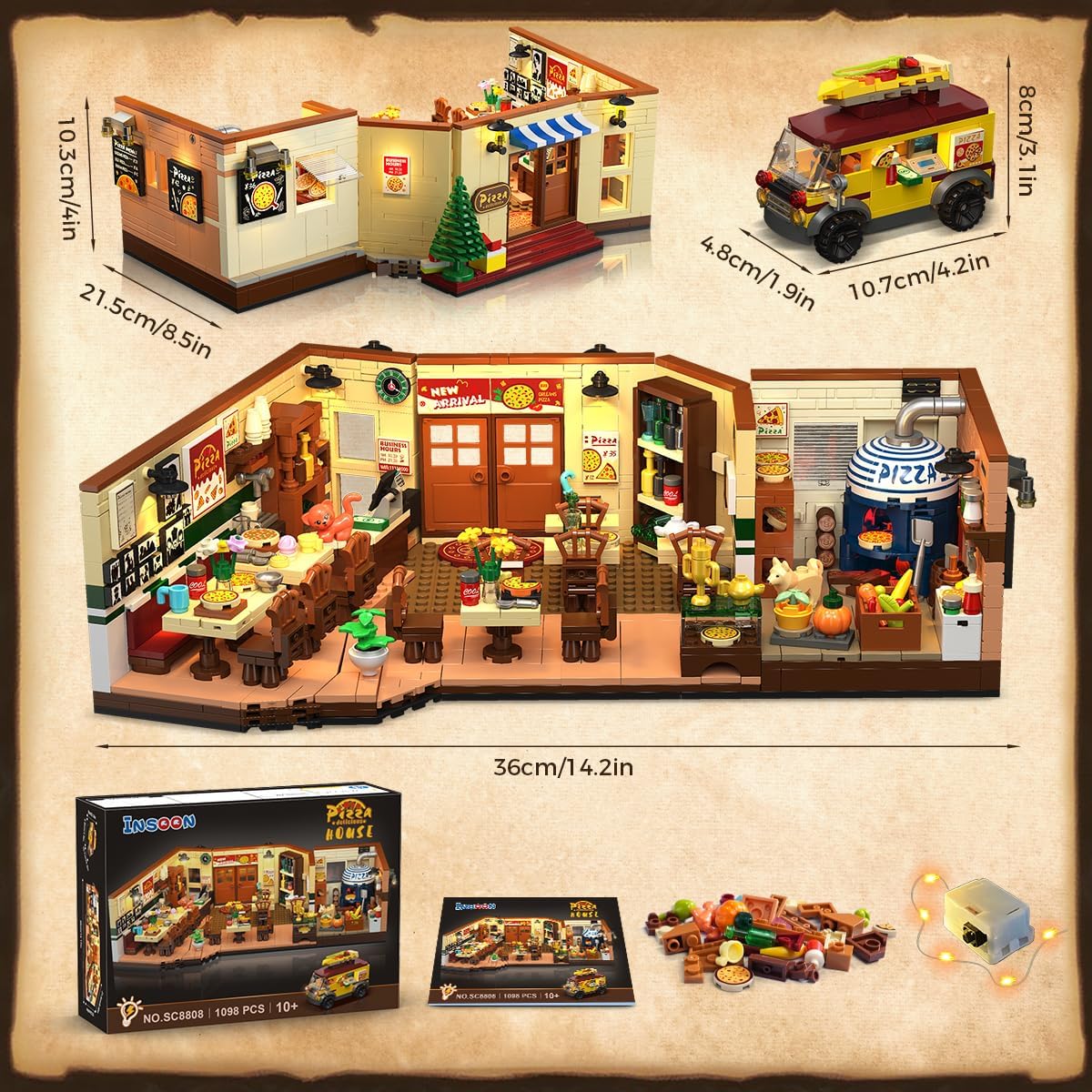 INSOON City Street Pizza Restaurant Building Set with Light, 1098PCS Pizzeria House Architecture Model with Retro Pizza Van, Home Decor Construction Building Block Gift for Adults Teens Boys Girls 10+
