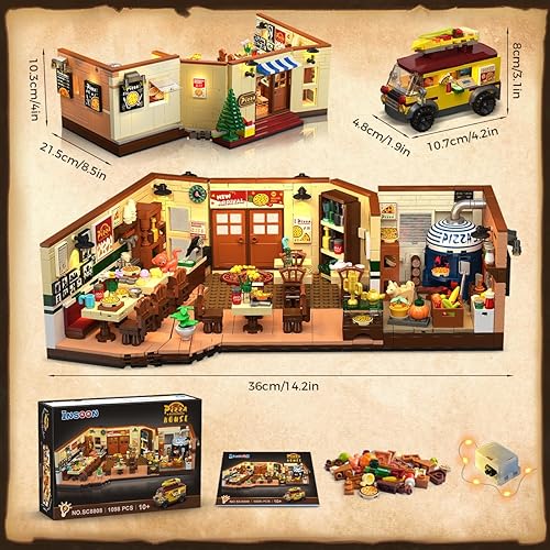 Miniatura 8 de City Street - Juego de construcción de pizzería con luz, 1098 piezas, modelo de arquitectura de casa de pizzería con furgoneta de pizza retro,