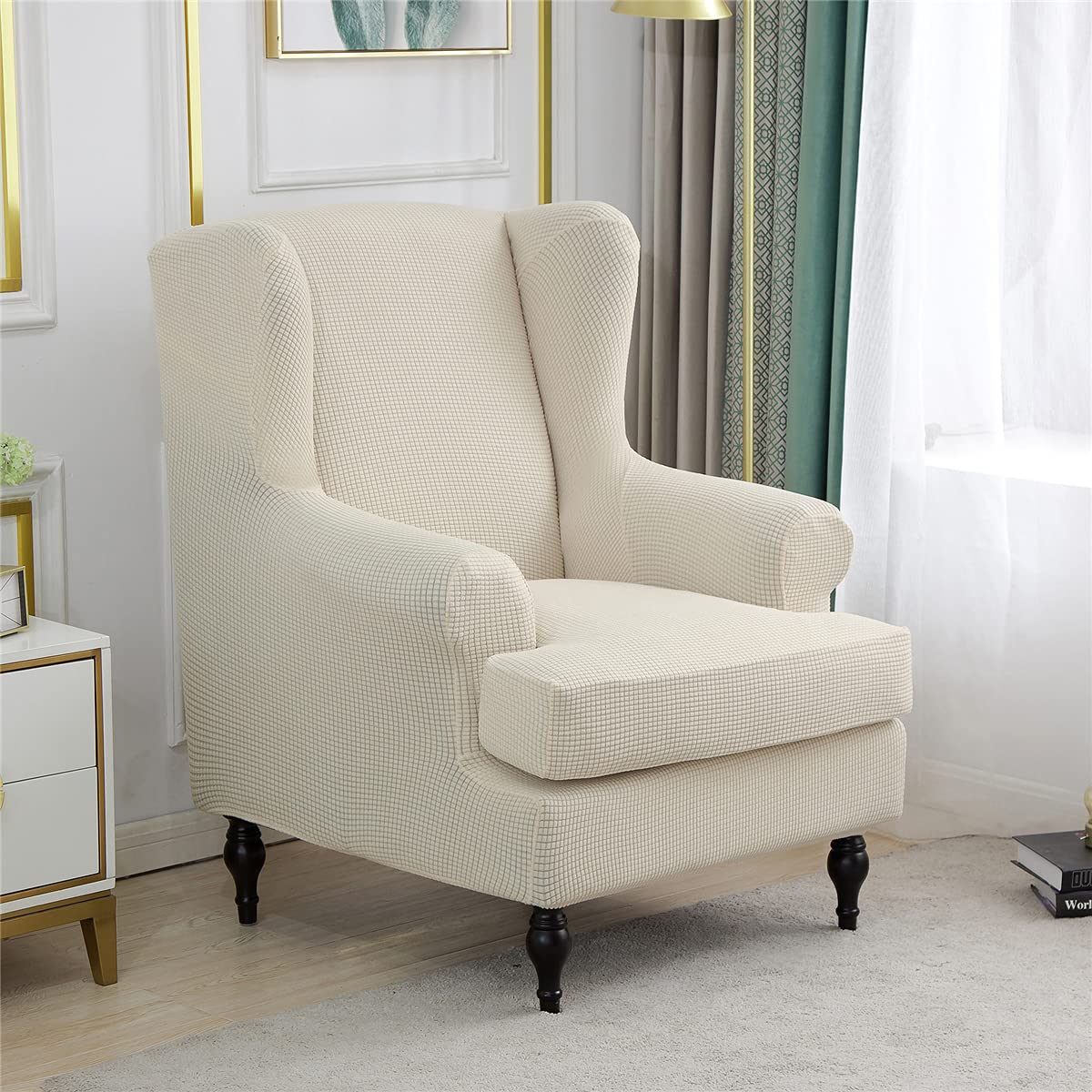 Highdi Beige Wingback Chair Covers 2 Piece Stretch Wing Chair Slipcover, Washable Spandex Fabric Jacquard Sofa Cover Furniture Protector For Armchair Chairs Living Room Bedroom Hotel (Beige)