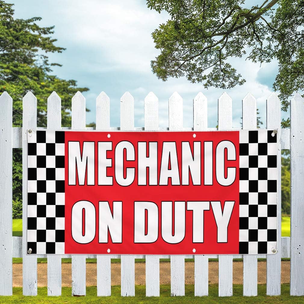 Vinyl Banner Multiple Sizes Mechanic on Duty Auto Body Shop Car Repair A Automotive Outdoor Weatherproof Industrial Yard Signs Red 4 Grommets 24x48Inches