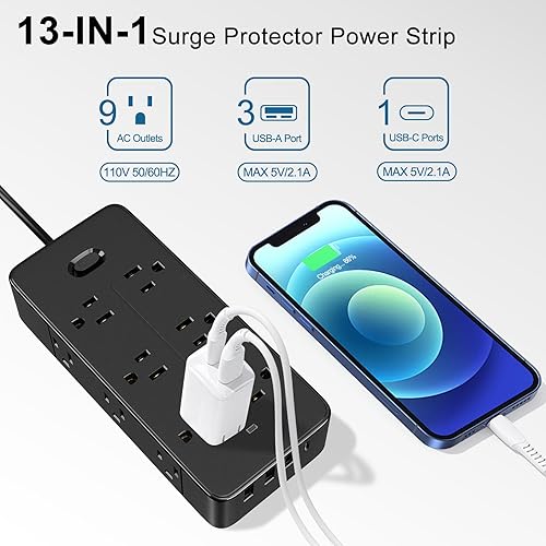 Miniatura 2 de Regletas de alimentación con protección contra sobretensiones, cable de extensión con múltiples tomas de corriente (9 CA + 4 USB), 1250 W10 A,