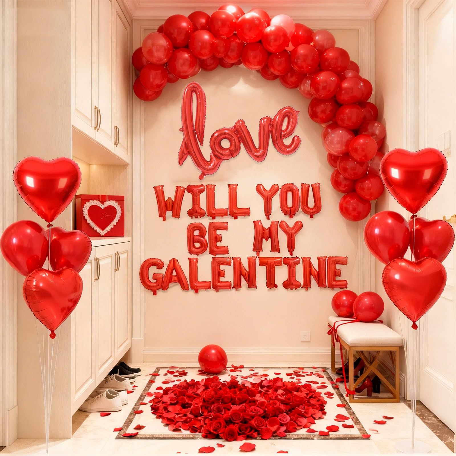 Czerwone balony 'WILL YOU BE MY GALENTINE' na dekoracje walentynkowe - czerwone sztuczne płatki róż 40 cm balon z literami 45 cm balony w kształcie serca szczęśliwy dzień galentyny romantyczny wystrój