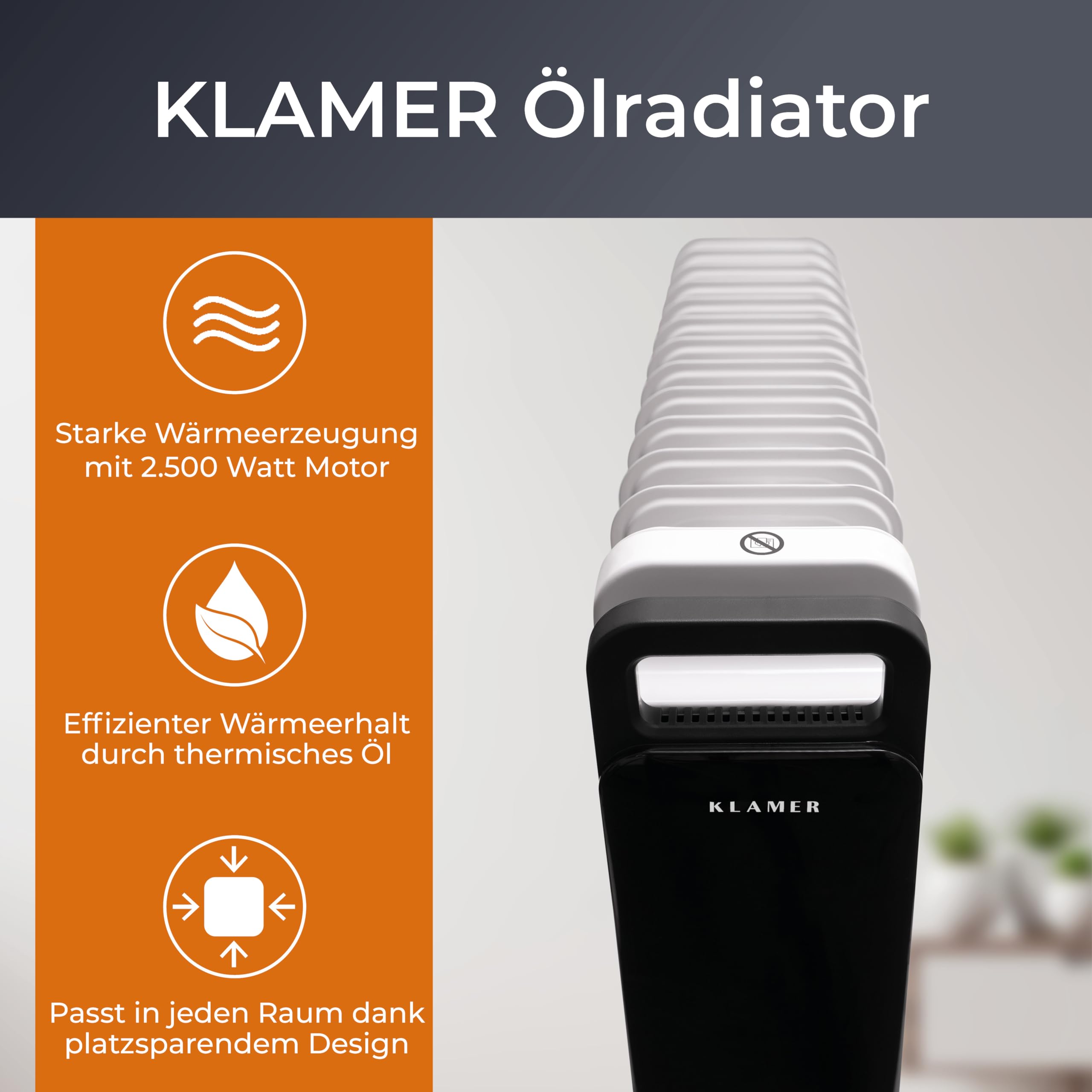 KLAMER Ölradiator 2500 W, Elektroheizung energiesparend, 13 Rippen, 3 Heizstufen mit Eco-Modus, 24h Timer, Thermostat, Überhitzungs- & Kippschutz, mit Fernbedienung, für Innenräume, weiß