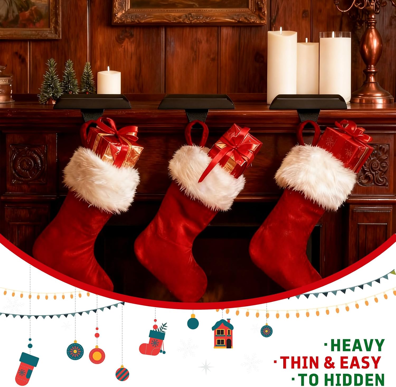 6 Pack Heavy Duty Metal Christmas Stocking Holders for Mantle Stocking Hangers with Ornaments for Fireplace Table Window and Countertop Decoration