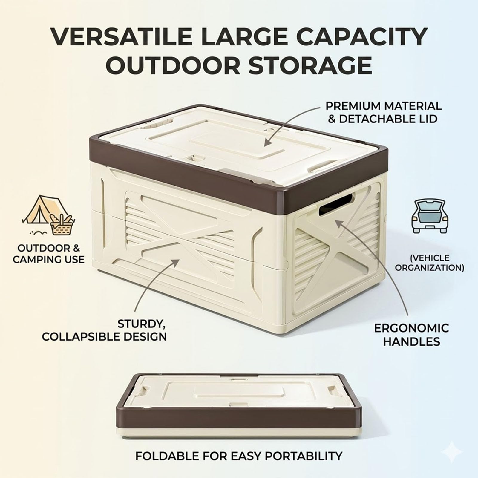 Camping Aufbewahrungsbox mit Holzoptik Deckel, Faltbare Klappbox | Modernes Design für Camping Küche, Auto, Picknick, Wohnmobil und Outdoor Abenteuer