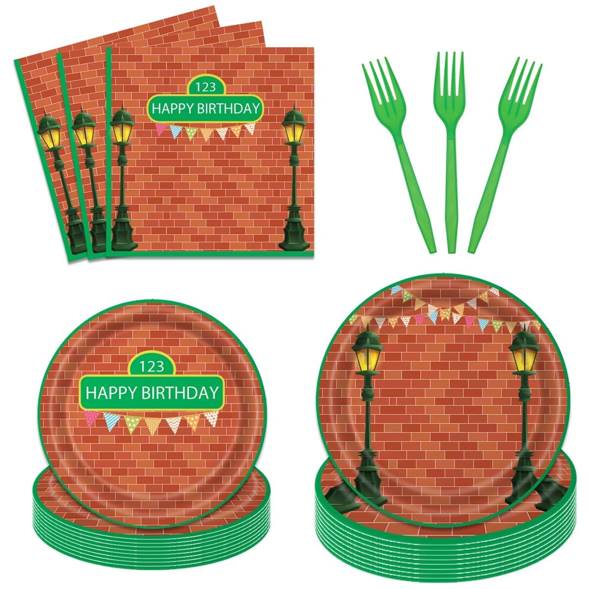 96 Pieces Red Brick Wall Street Party Supplies Tableware Set for 24 Guests Cartoon Sesame Party Paper Plates Napkins Decorations Birthday Party Decorations for Kids Boys Girls