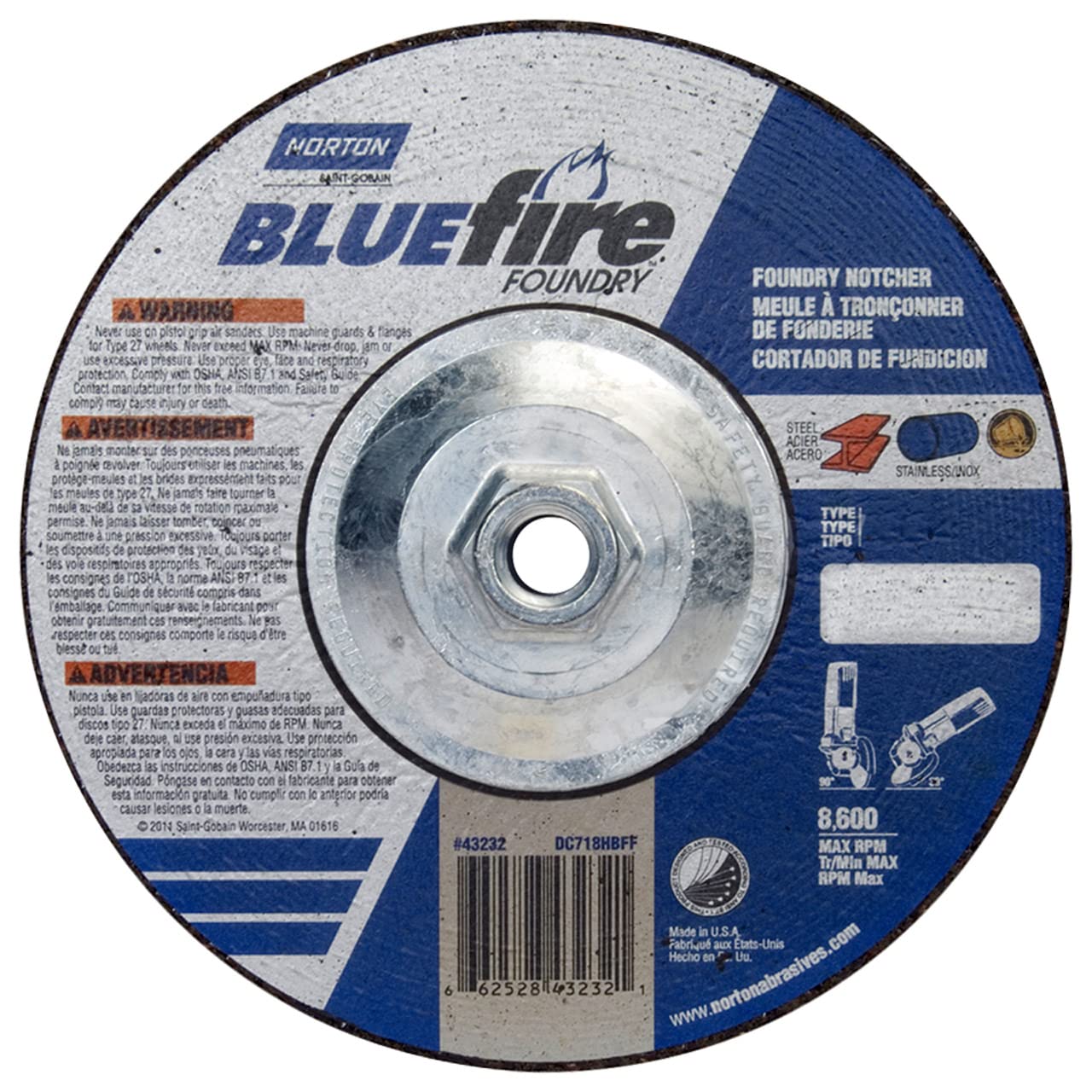 Norton 66252843232 7x1/8x5/8-11 in. BlueFire ZA/SC Foundry Cutting and Light Grinding Wheels, Type 27, 24 Grit, 10 Pack