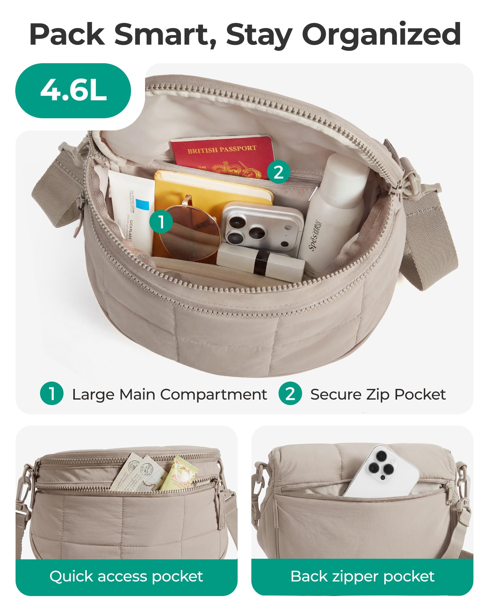 BAGSMART Small Crossbody Bags for Women，Puffer Cute Bum Bag with Pouch, Quilted Purse for Daily Travel College, Camel | 4.6L compact size, small yet spacious, structured bum bag, 2-in-1 set — view 3