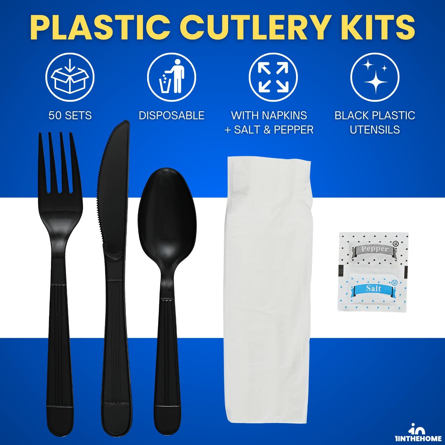 Cutlery Set Disposable Packet, Plastic Individually Wrapped Utensils Set – Knife, Fork, Teaspoon, Napkin, Salt & Pepper for (Parties, Dinners, Catering Services, Takeout) Black, 50 Pack