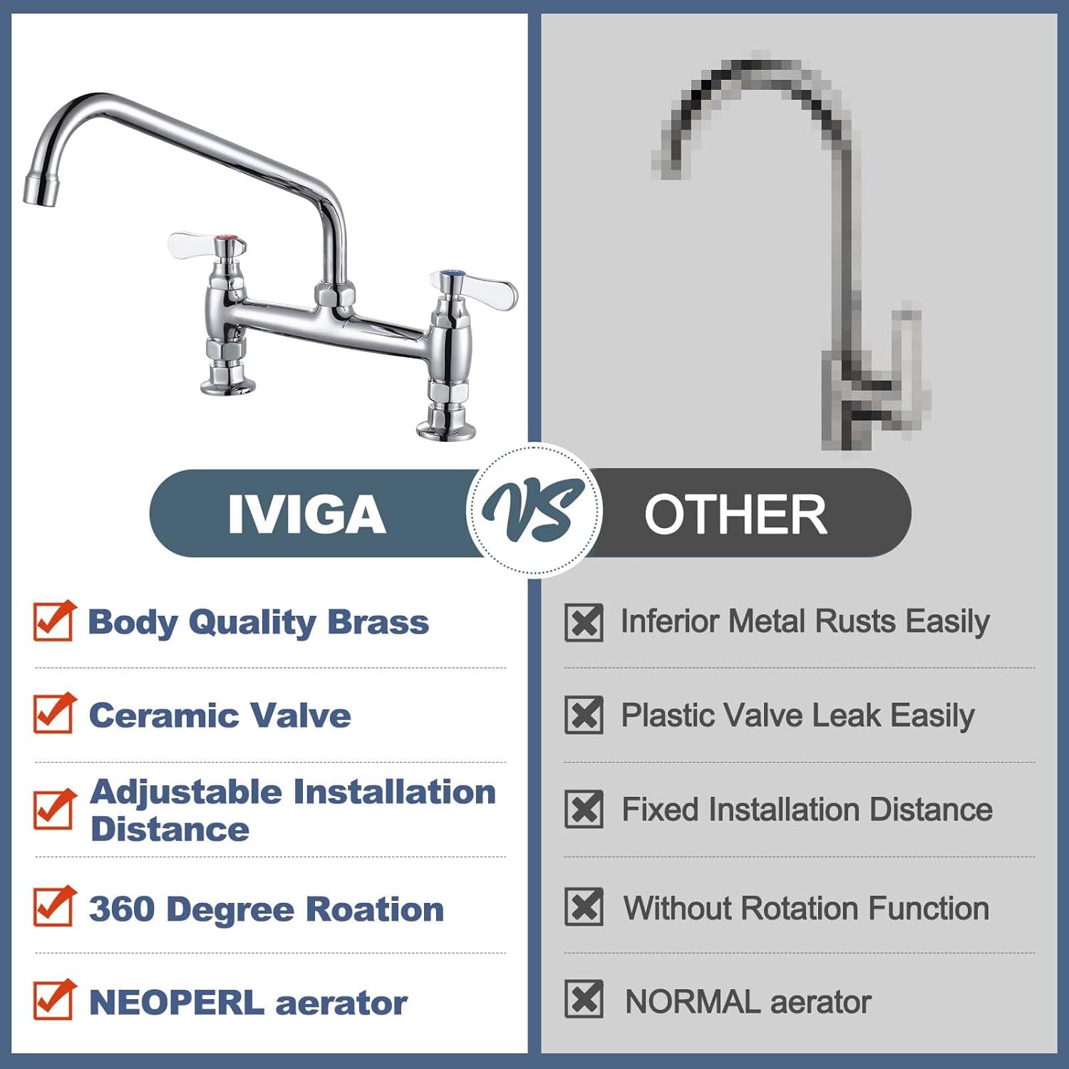 Commercial Sink Faucet with 12” Swivel Spout & Supply Lines, 8" Center Deck Mount Kitchen Faucet, Dual Handles Brass Utility Sink Faucet for Laundry Room Restaurant Compartment Sink, Polish