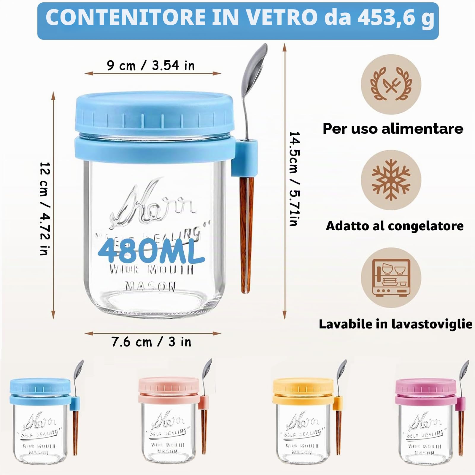 4 Pezzi Barattoli per Avena con Coperchi e Cucchiai, 480 ml Overnight Oats Jars Meal Prep Contenitori Cucina Contenitore Vetro per Yogurt Marmellata Insalate Frutta Fagioli