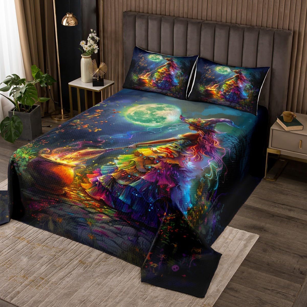 Manfei Witch Princess Kids Bedspread Queen Size,Moonnight Jungle Flowers Psychedelic Coverlet Set,Girls Women Room Decor,Gothic Halloween Theme Quilted Coverlet,Black Bedding Quilt,2 Pillowcases
