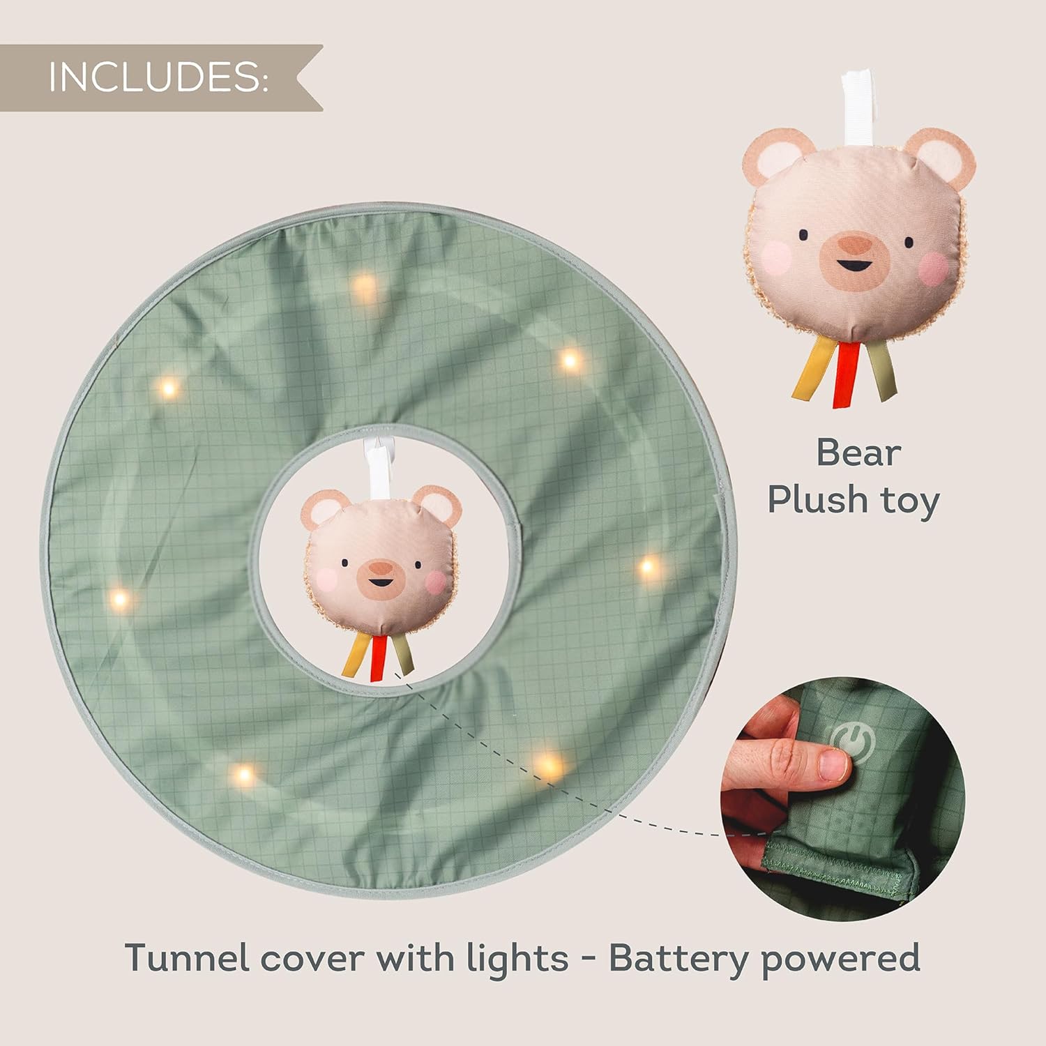 Taf Toys Play Light Tunnel Tent for Toddlers 1-3 - Baby Tunnel with Plush Bear - Engage Senses & Encourage Crawling - Twinkling Lights & Dual Light Modes - Kids Toddler Tunnels Crawl Indoor & Outdoor