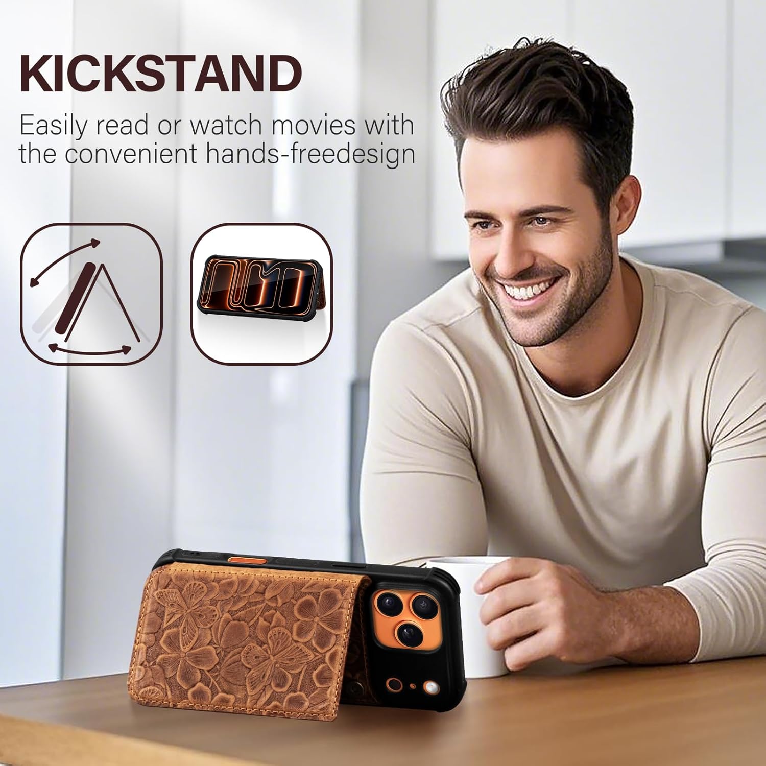 Genuine Leather Case for iPhone 17 Pro Max | Shockproof Wallet Cover with Card Slots, Double Magnetic Clasp, Kickstand, Brown